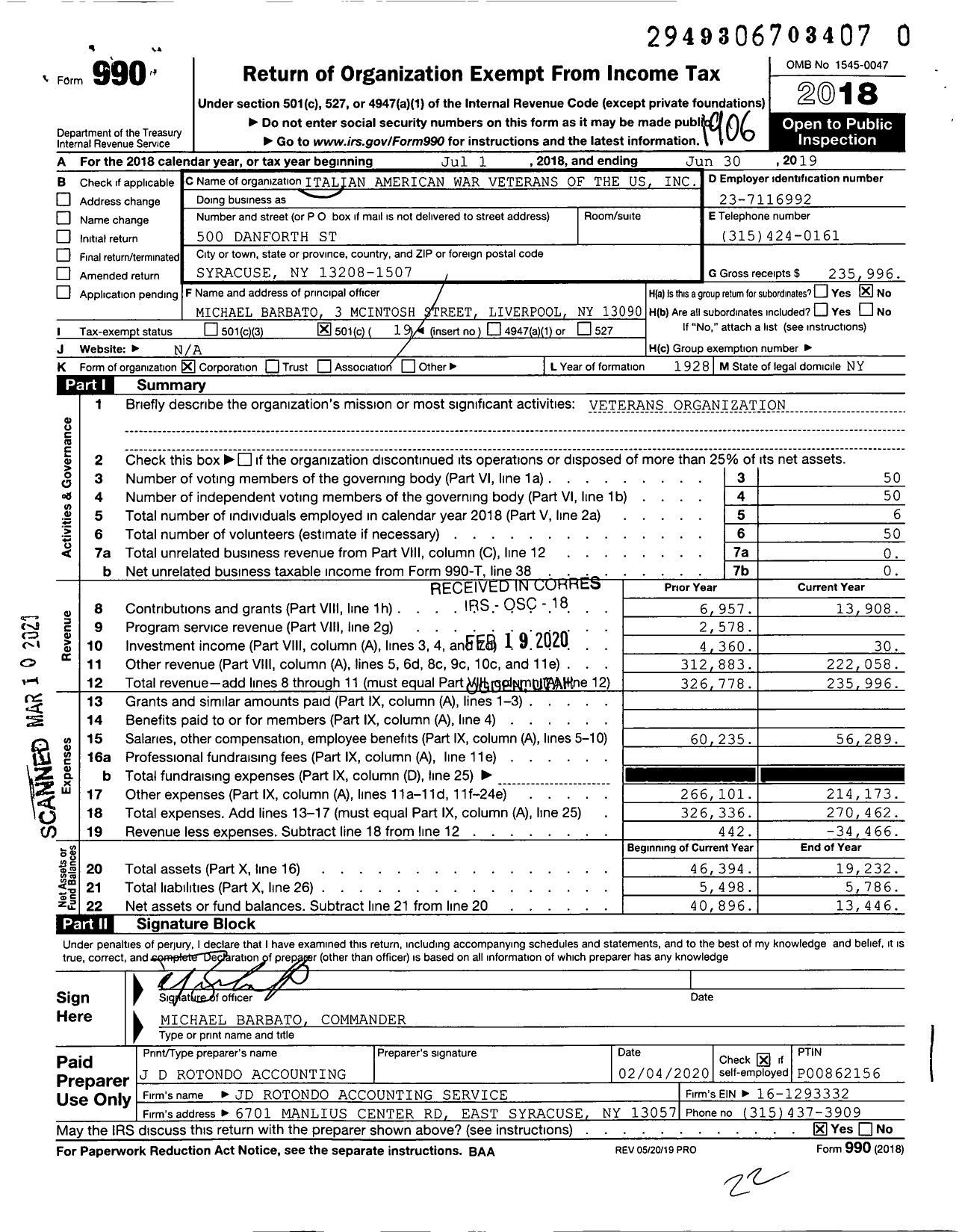 Image of first page of 2018 Form 990O for Italian American War Veterans Us - 1 John Vendetti Post