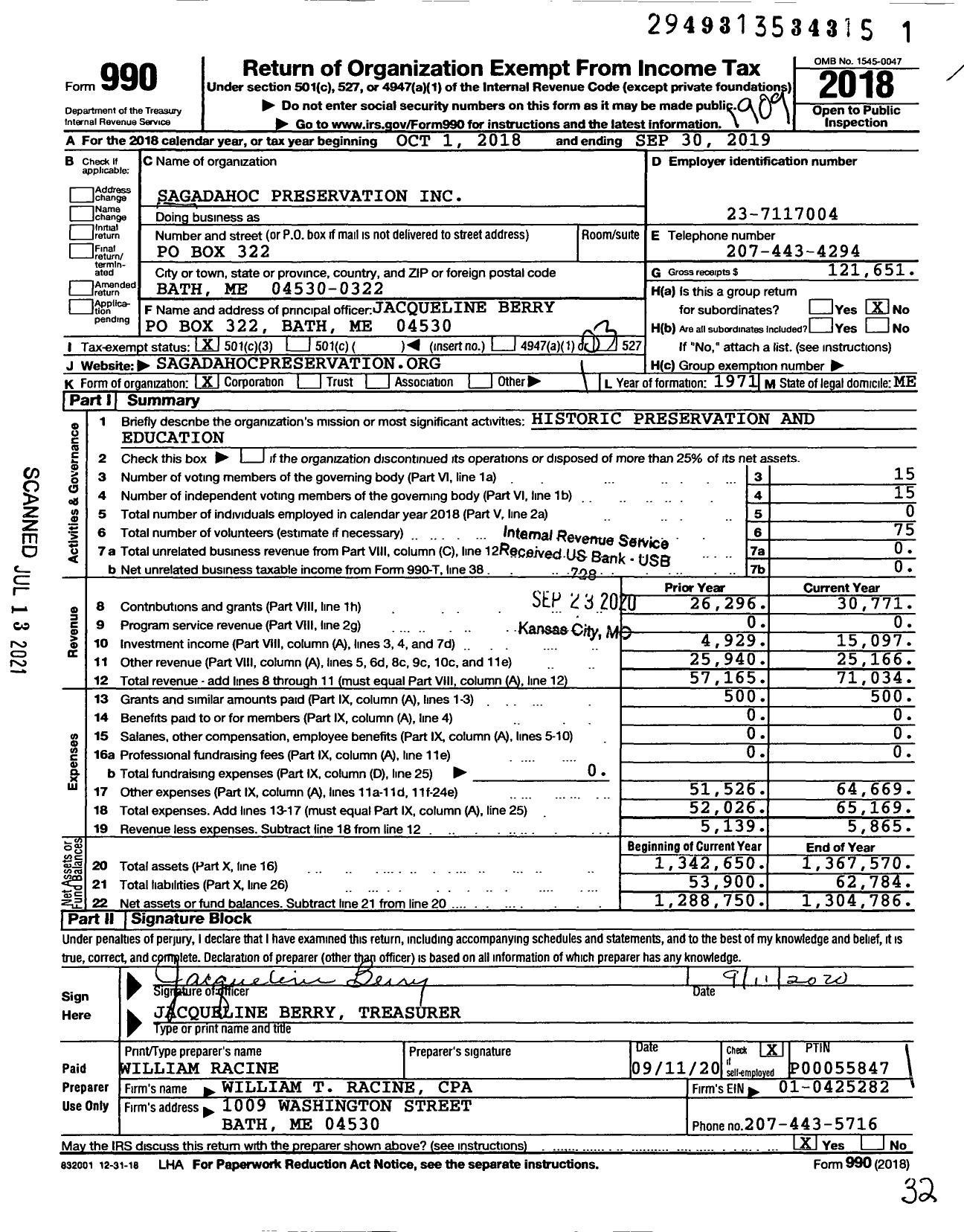 Image of first page of 2018 Form 990 for Sagadahoc Preservation