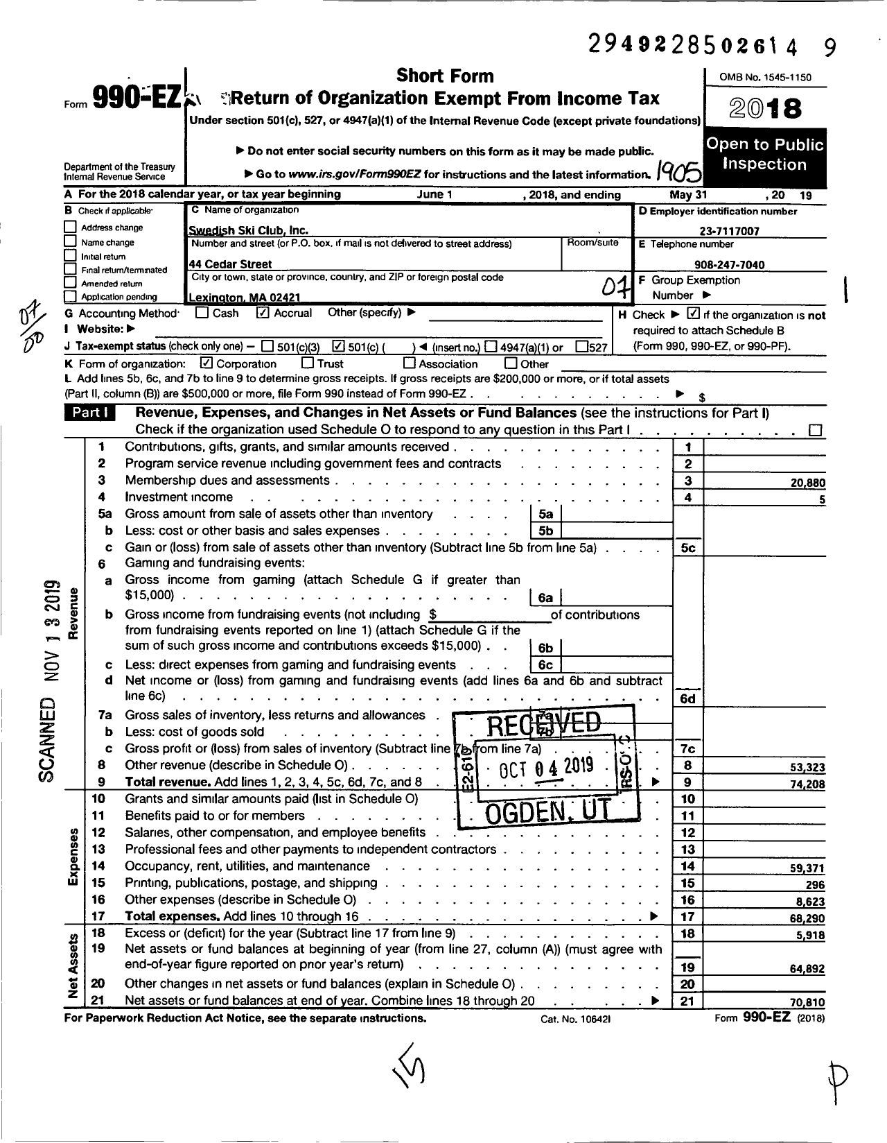 Image of first page of 2018 Form 990EO for Swedish Ski Club