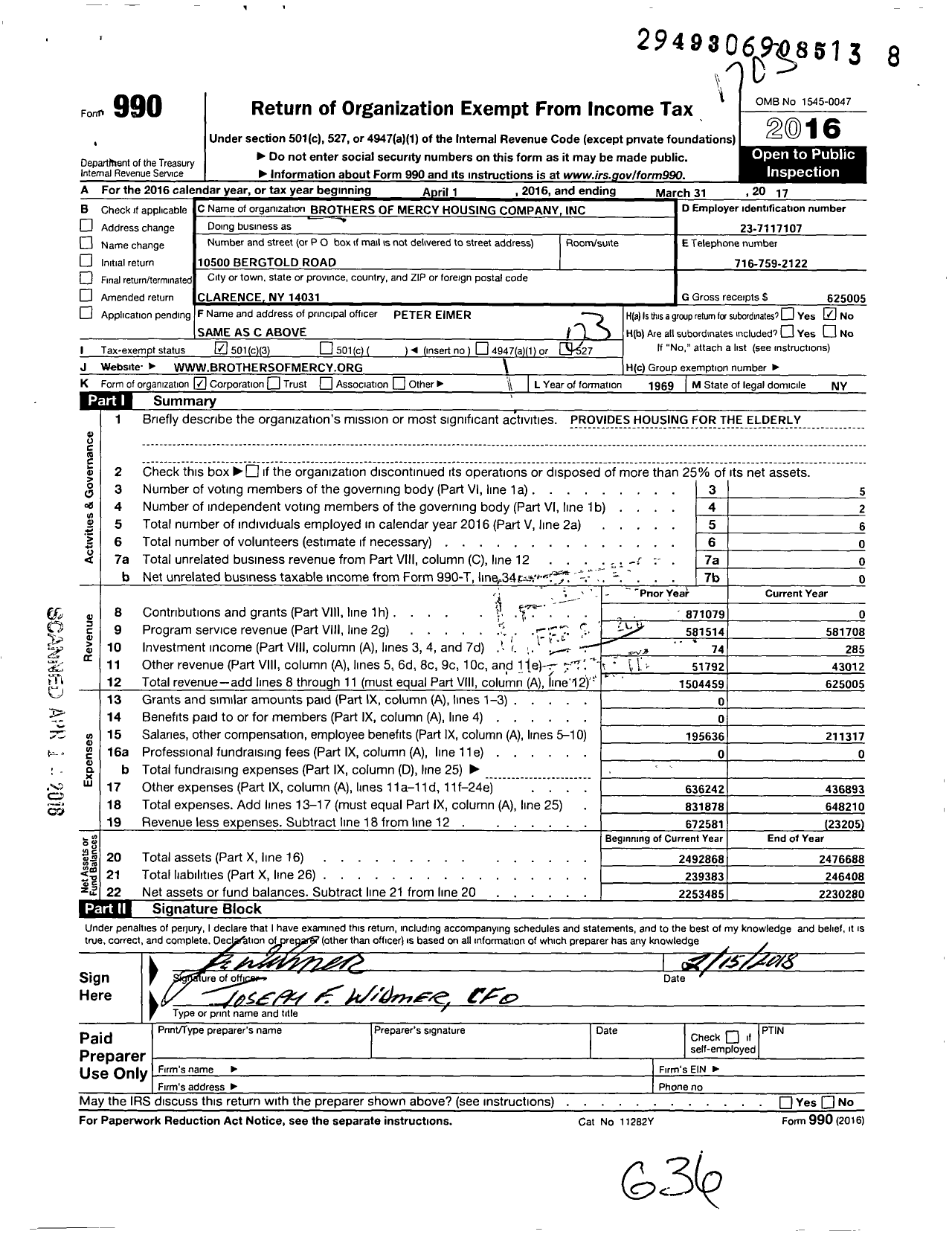 Image of first page of 2016 Form 990 for Brothers of Mercy Housing Company