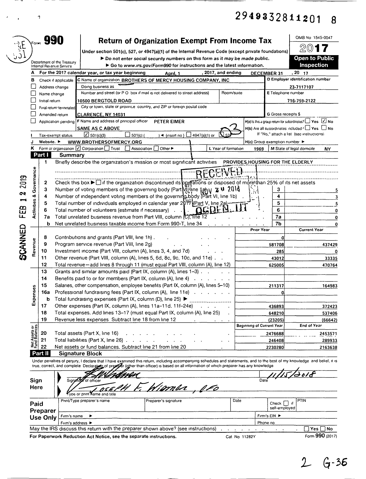 Image of first page of 2017 Form 990 for Brothers of Mercy Housing Company