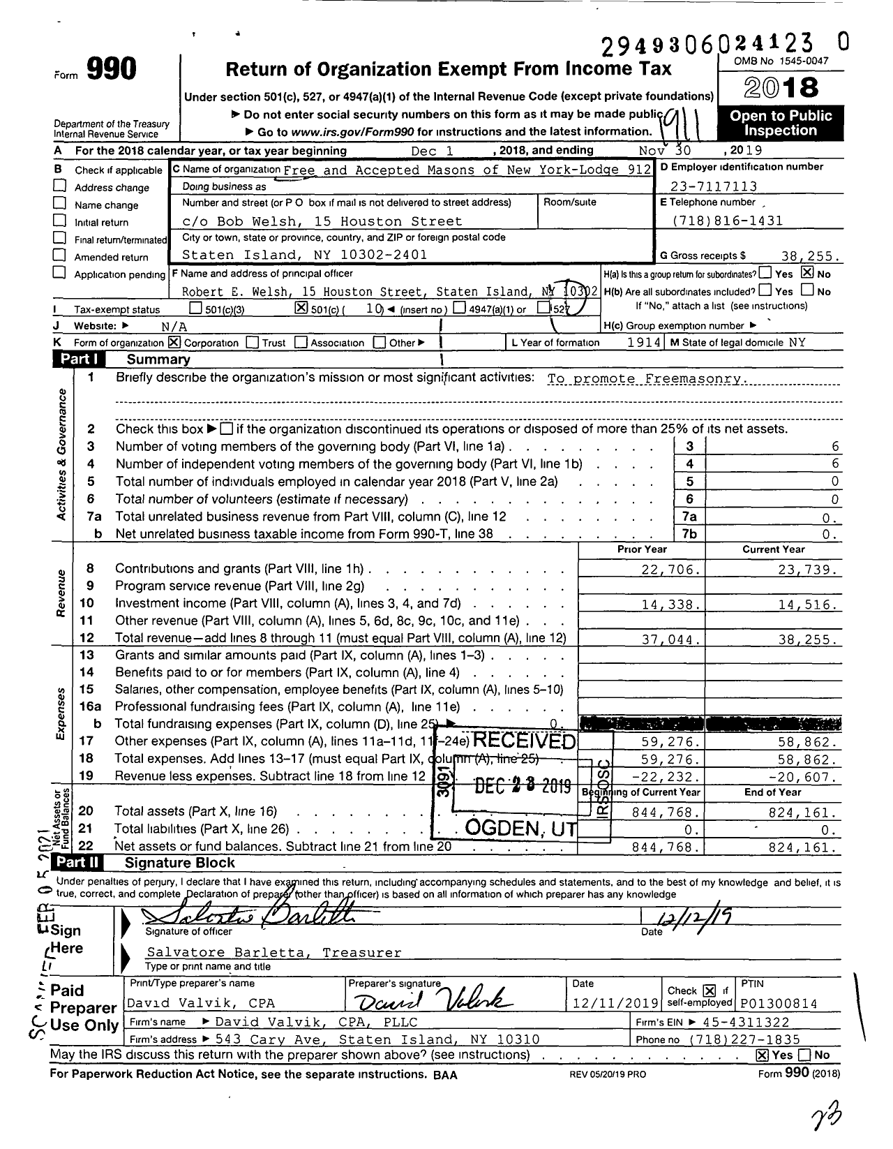 Image of first page of 2018 Form 990O for Free and Accepted Masons of New York - 912 Great Kills Lodge