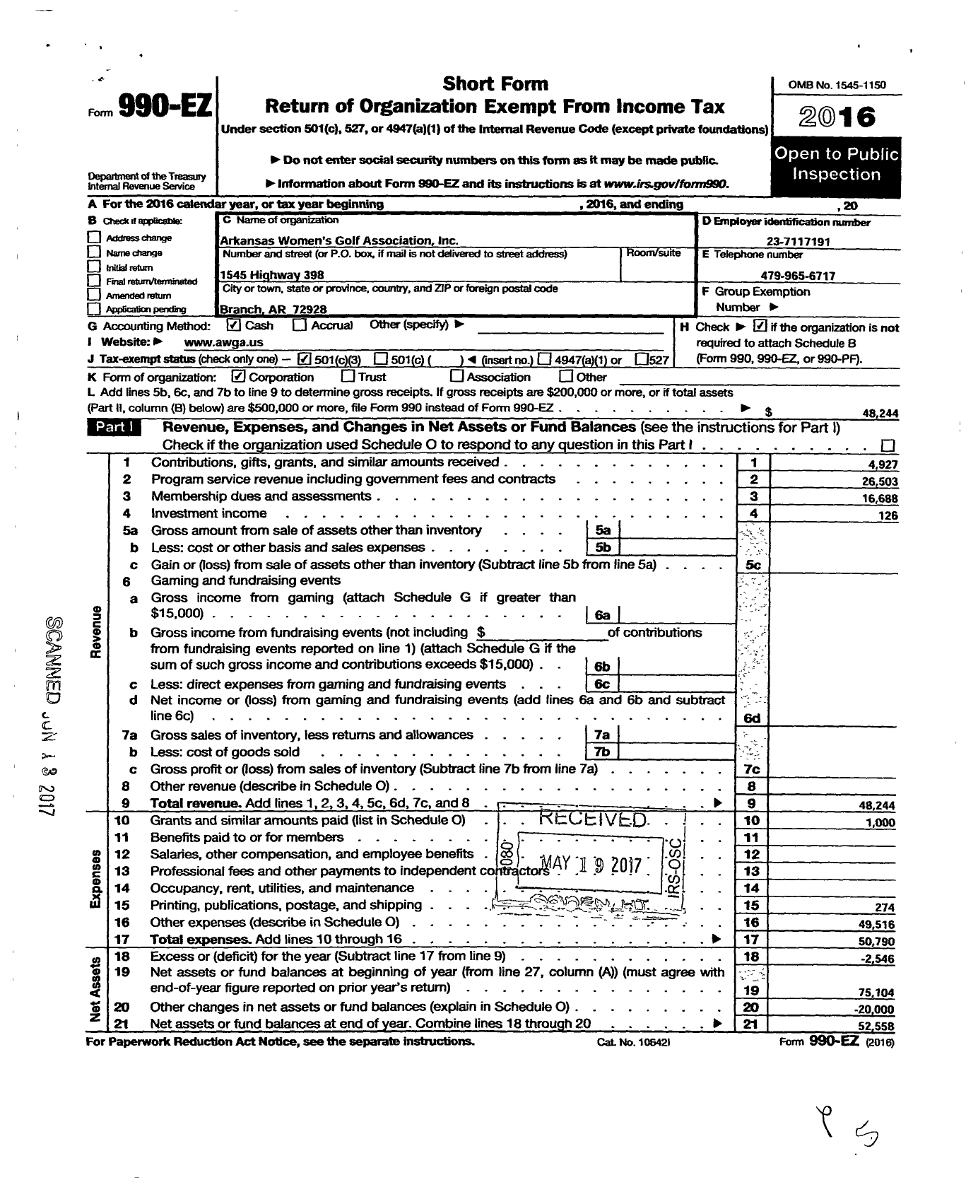 Image of first page of 2016 Form 990EZ for Arkansas Womens Golf Asociation