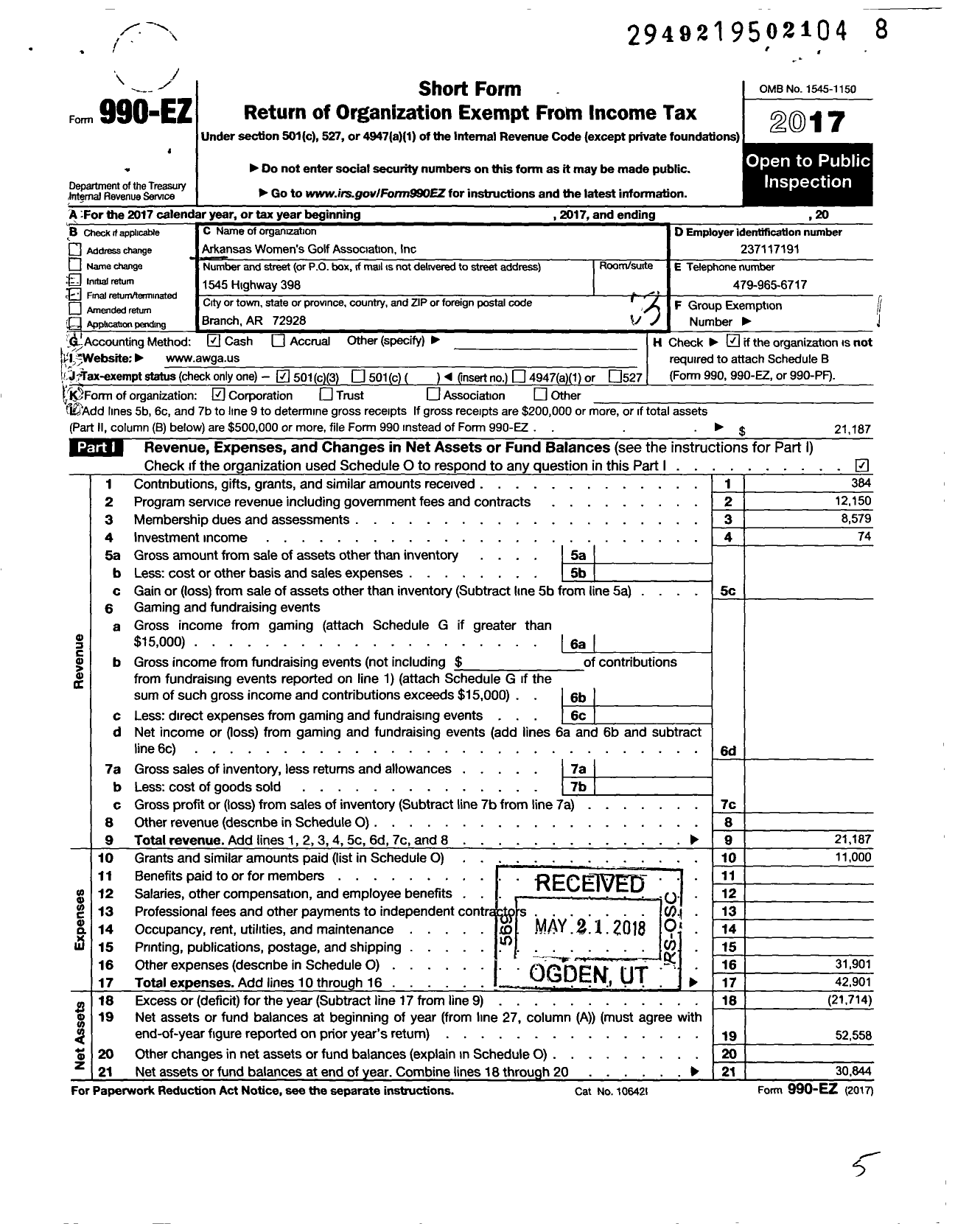 Image of first page of 2017 Form 990EZ for Arkansas Womens Golf Asociation