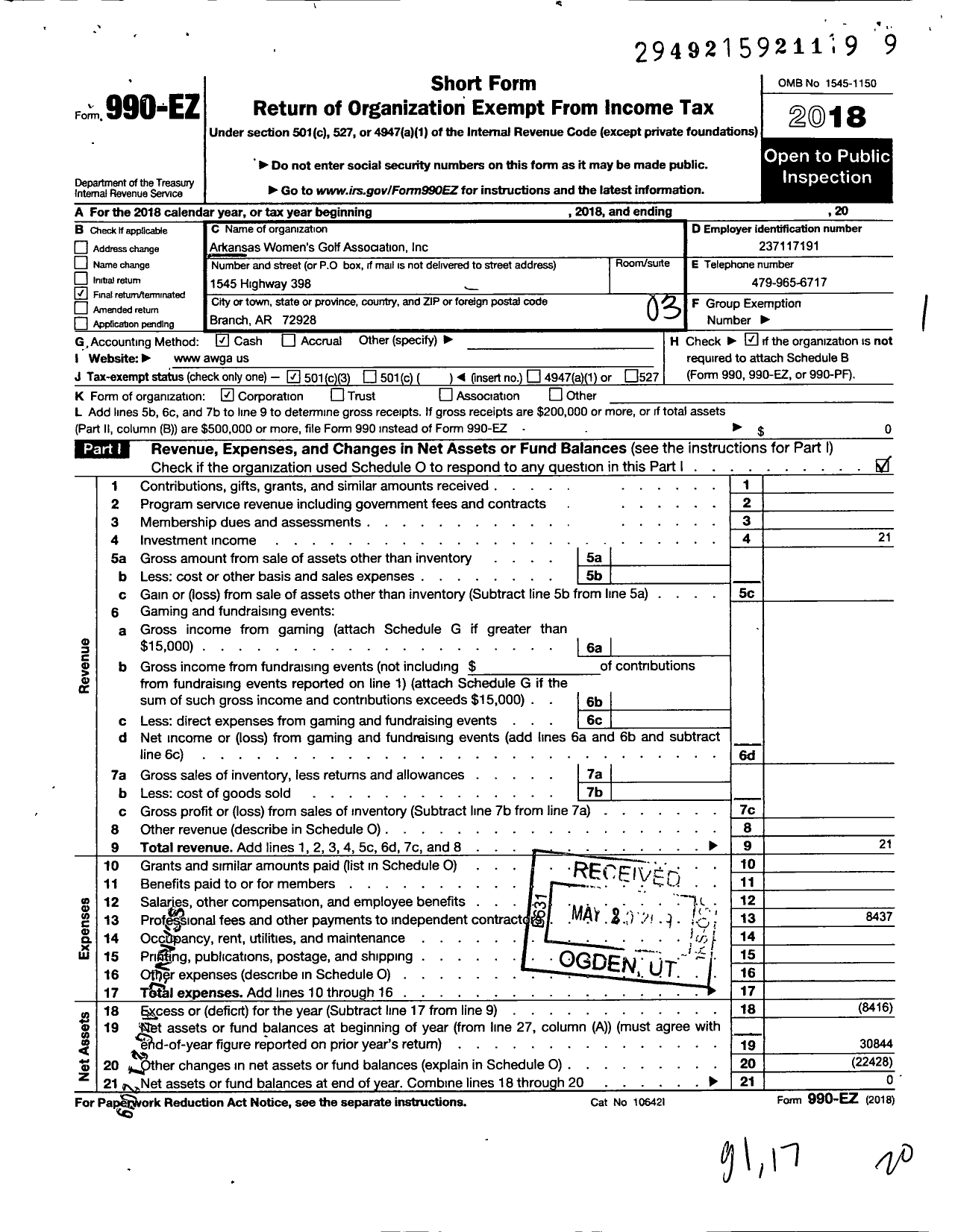 Image of first page of 2018 Form 990EZ for Arkansas Womens Golf Asociation