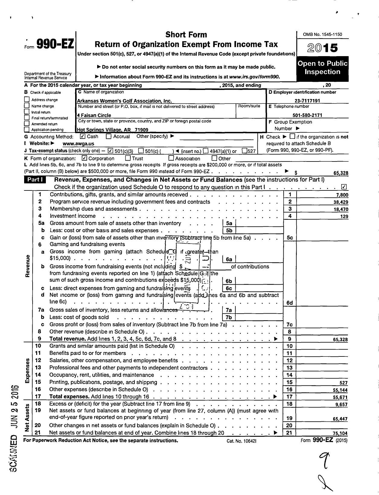 Image of first page of 2015 Form 990EZ for Arkansas Womens Golf Asociation