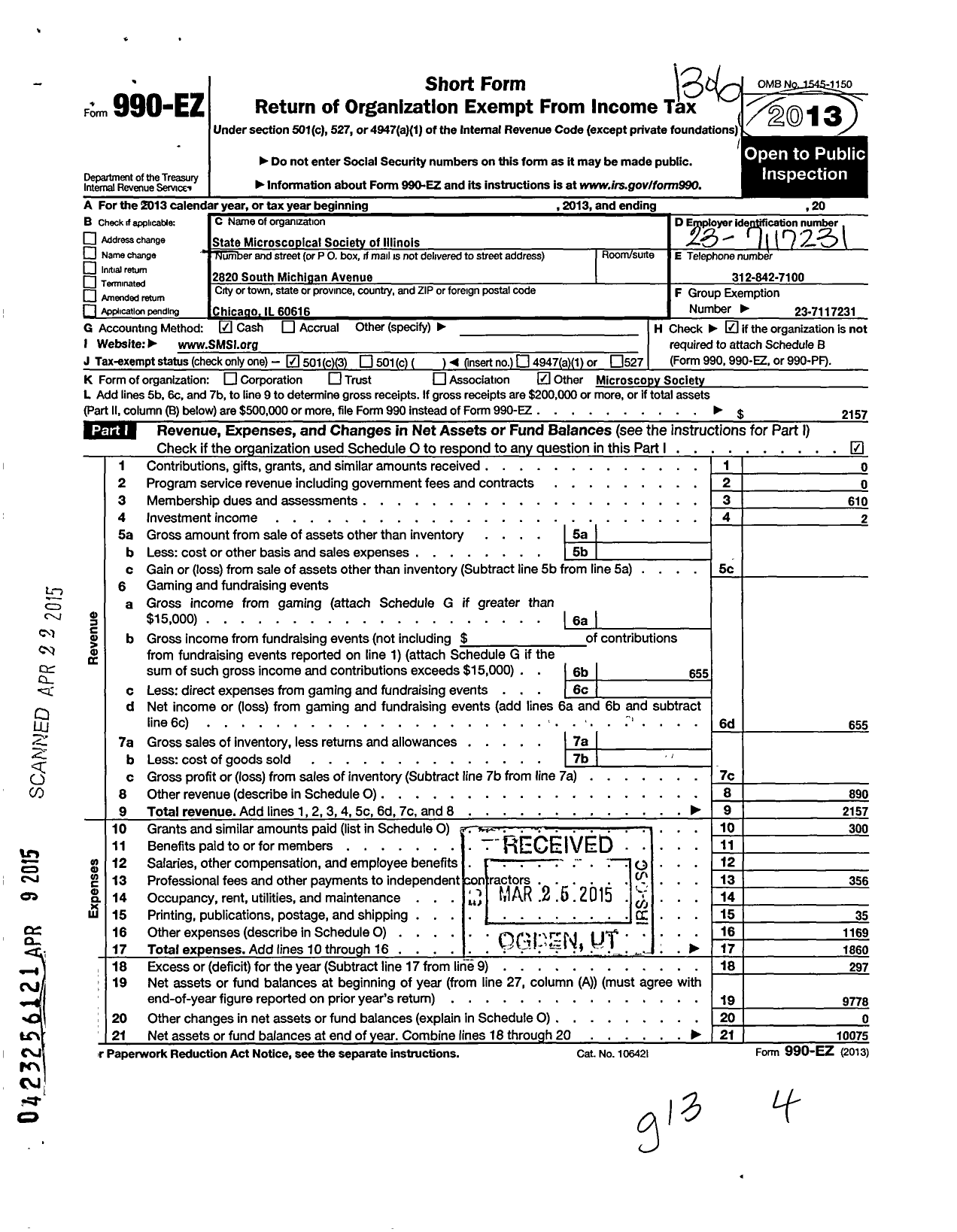 Image of first page of 2012 Form 990EZ for State Microscopical Society of Illinois