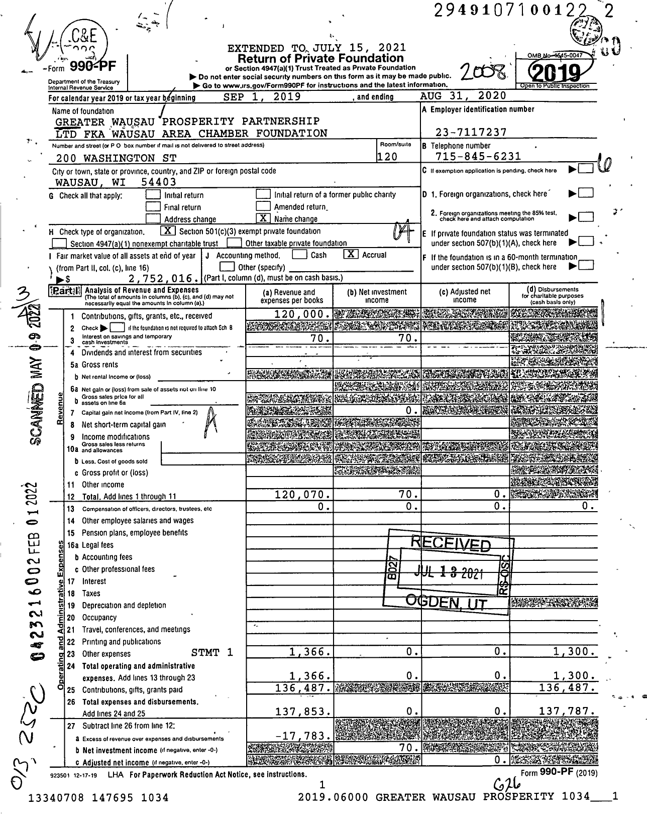 Image of first page of 2019 Form 990PF for Greater Wausau Prosperity Partnership L Partnership