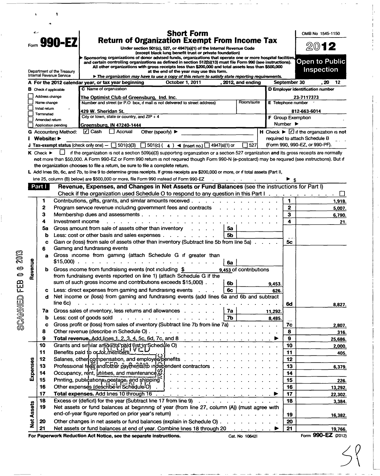Image of first page of 2011 Form 990EO for Optimist International - 05247 Oc of Greensburg in