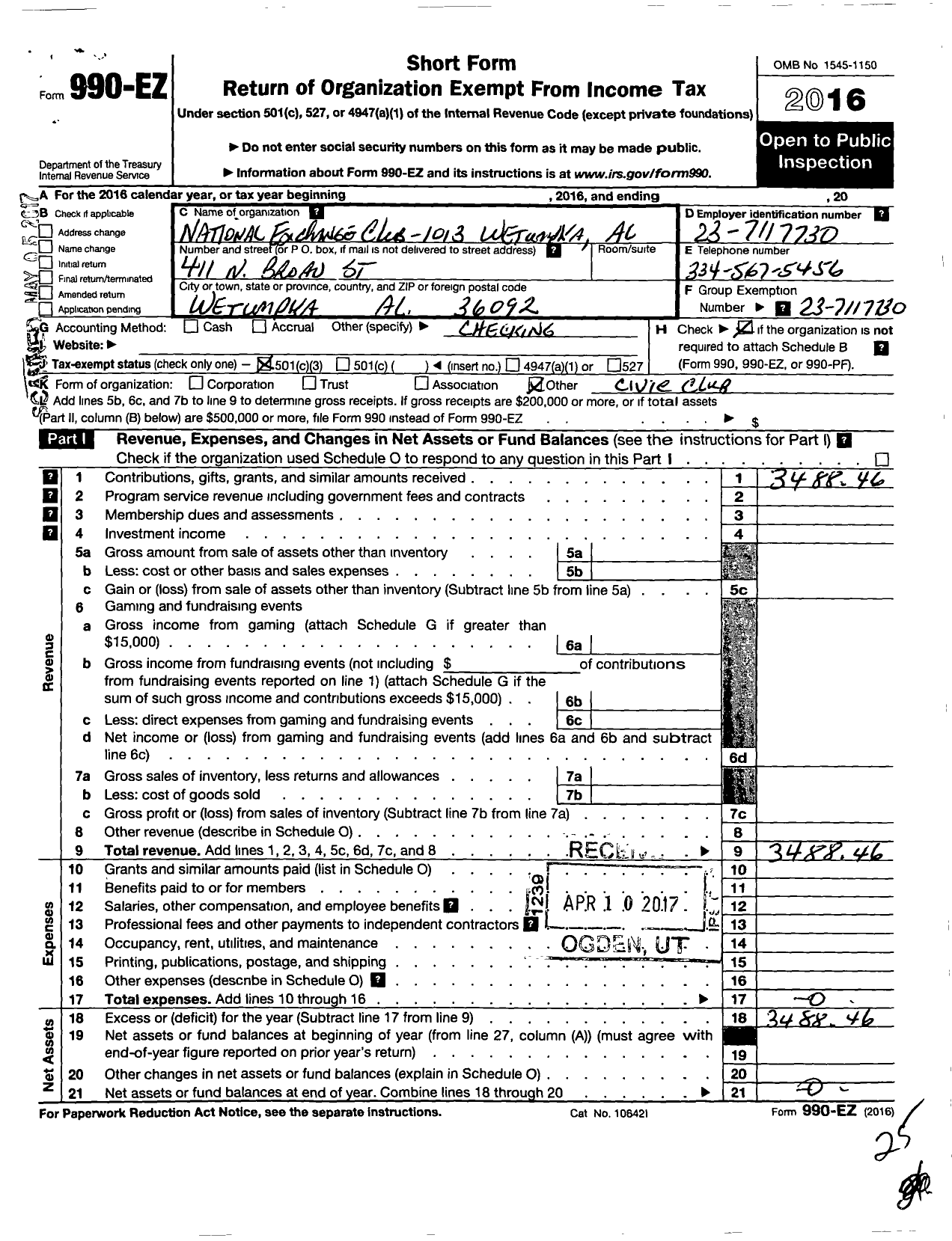 Image of first page of 2016 Form 990EZ for National Exchange Club - 1013 Wetumpka Al