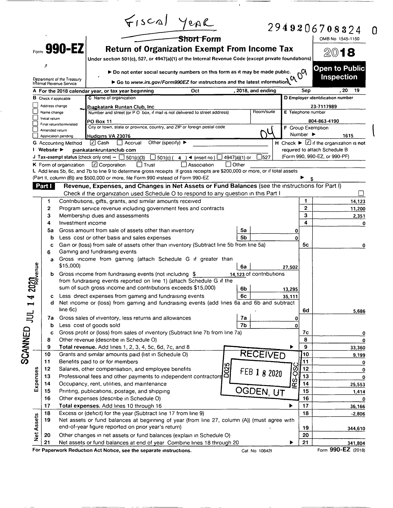 Image of first page of 2018 Form 990EO for Ruritan - Piankatank