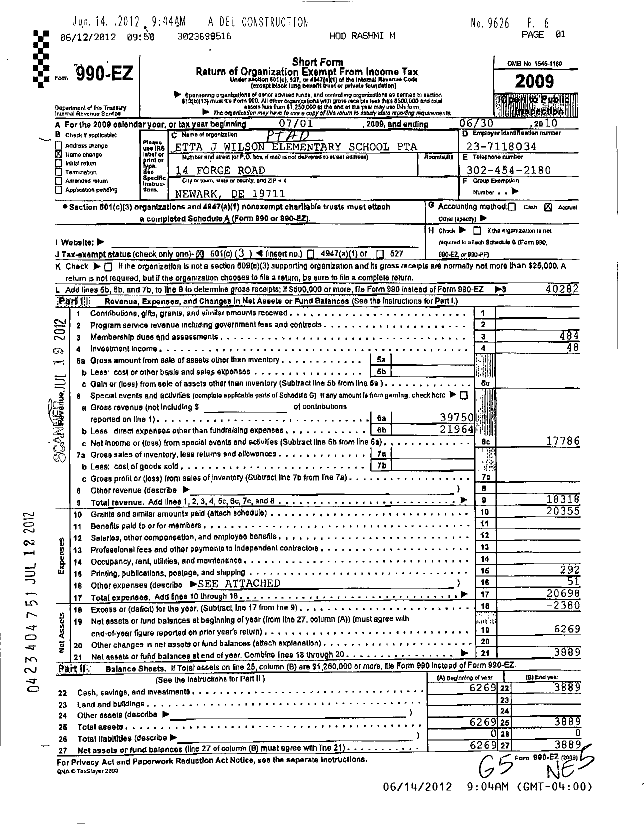 Image of first page of 2009 Form 990EZ for PTA Delaware Congress / Etta J Wilson Elementary School PTA