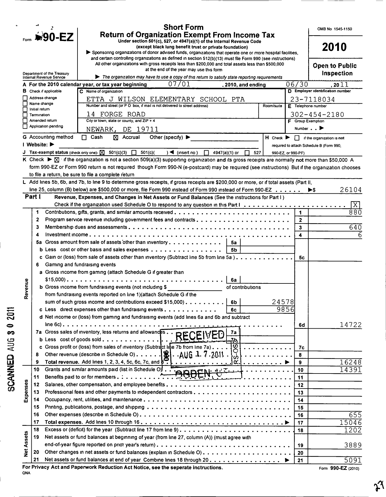 Image of first page of 2010 Form 990EZ for PTA Delaware Congress / Etta J Wilson Elementary School PTA