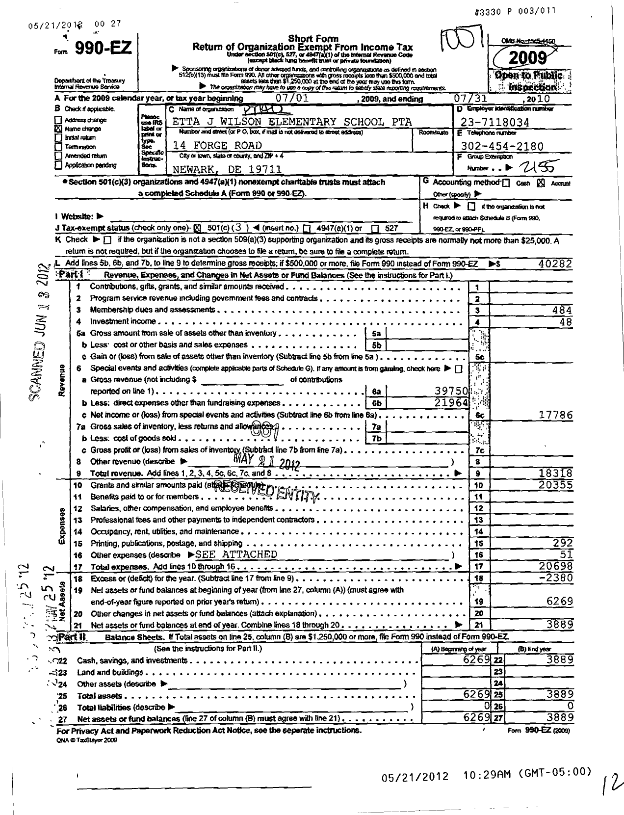 Image of first page of 2009 Form 990EZ for PTA Delaware Congress / Etta J Wilson Elementary School PTA