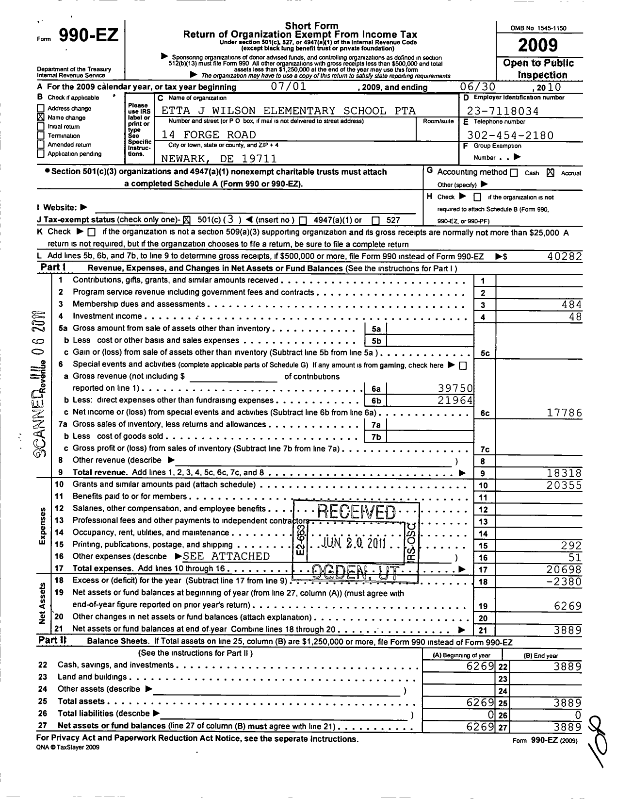 Image of first page of 2009 Form 990EZ for PTA Delaware Congress / Etta J Wilson Elementary School PTA