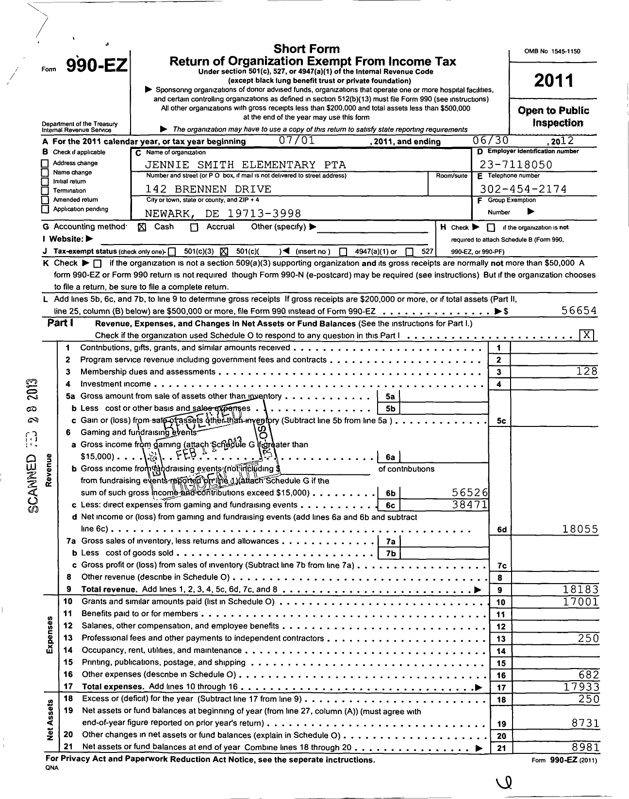 Image of first page of 2011 Form 990EO for PTA Delaware Congress / Jennie E Smith Elem PTA