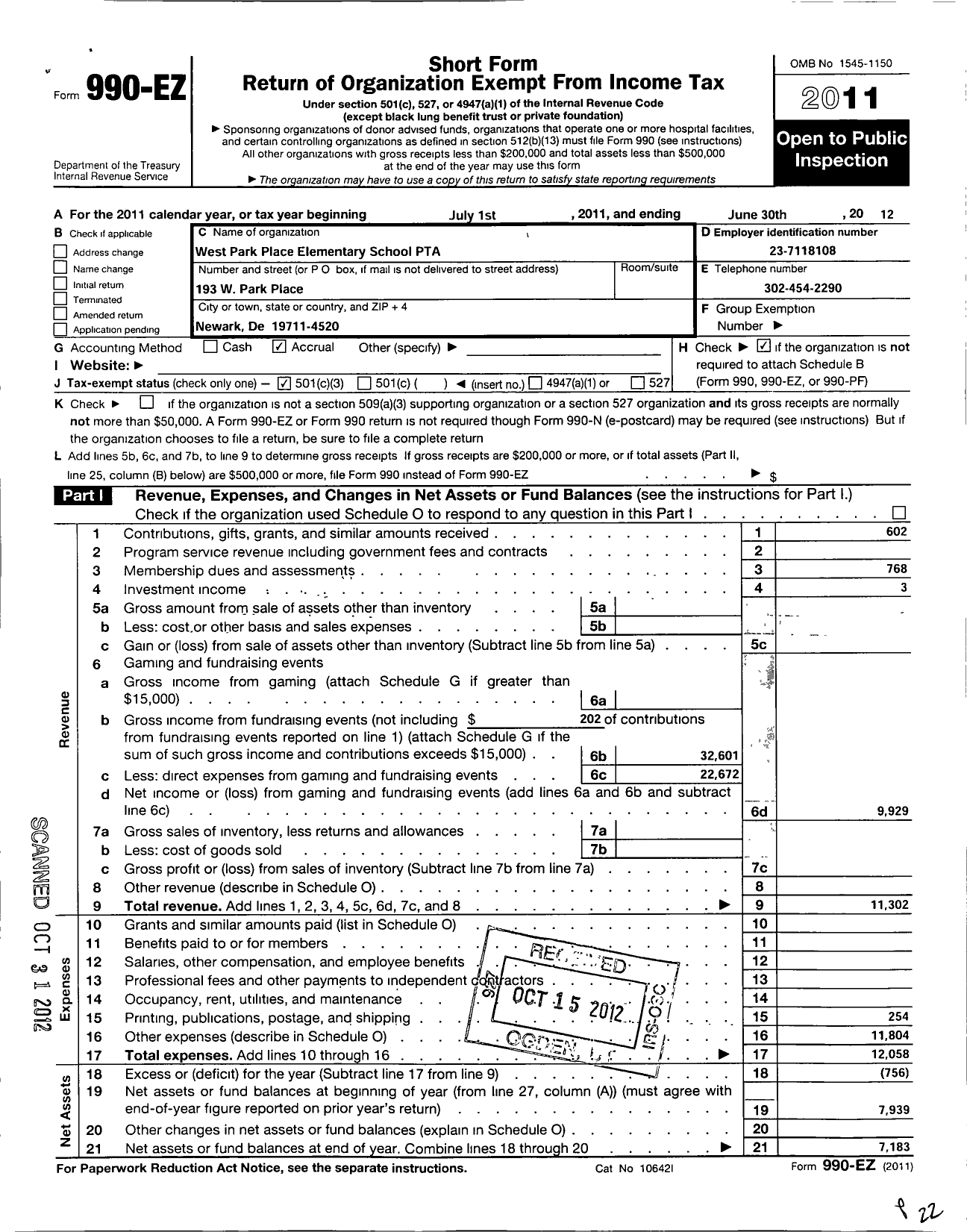 Image of first page of 2011 Form 990EZ for PTA Delaware Congress / PTA West Park Place School