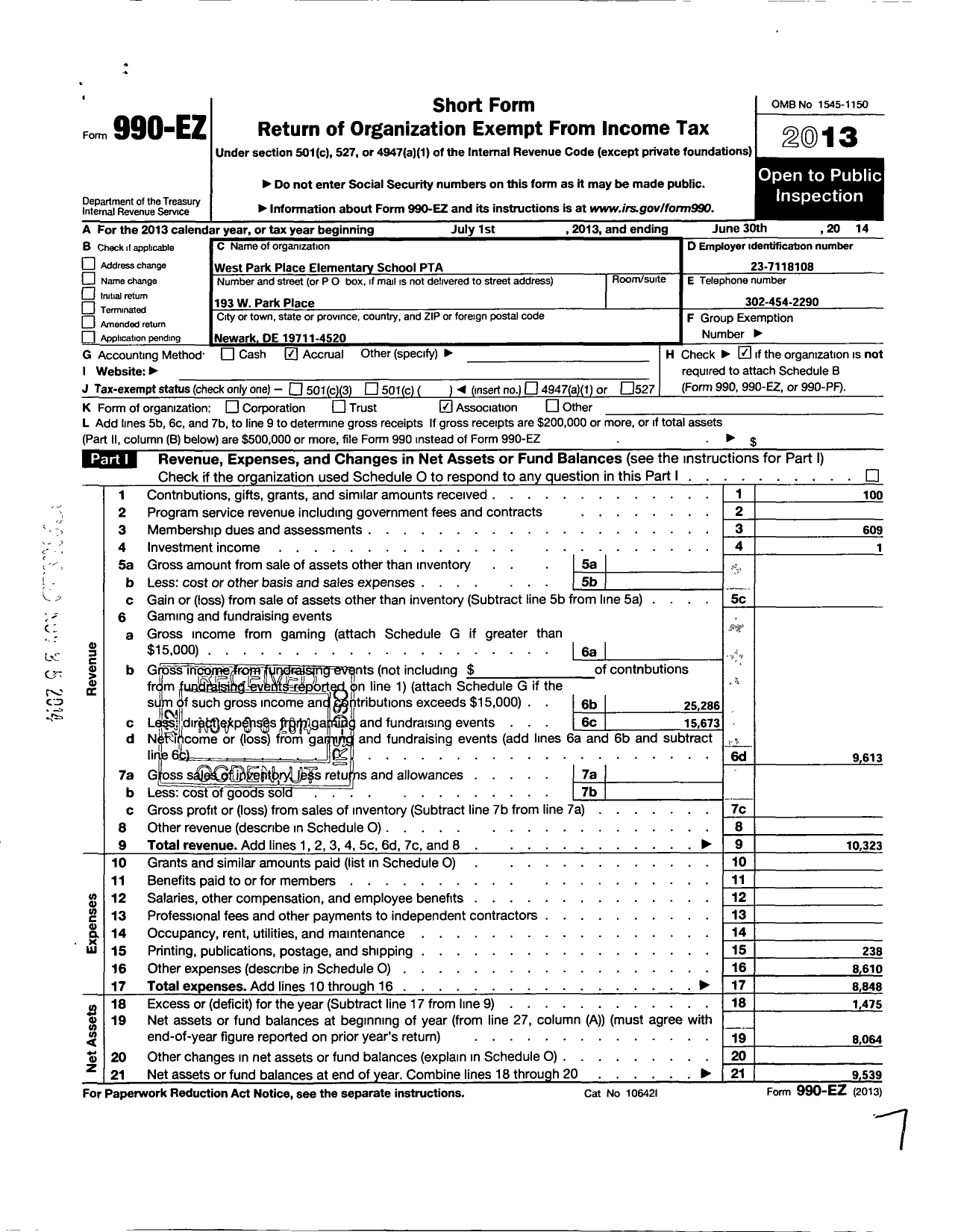 Image of first page of 2013 Form 990EO for PTA Delaware Congress / PTA West Park Place School