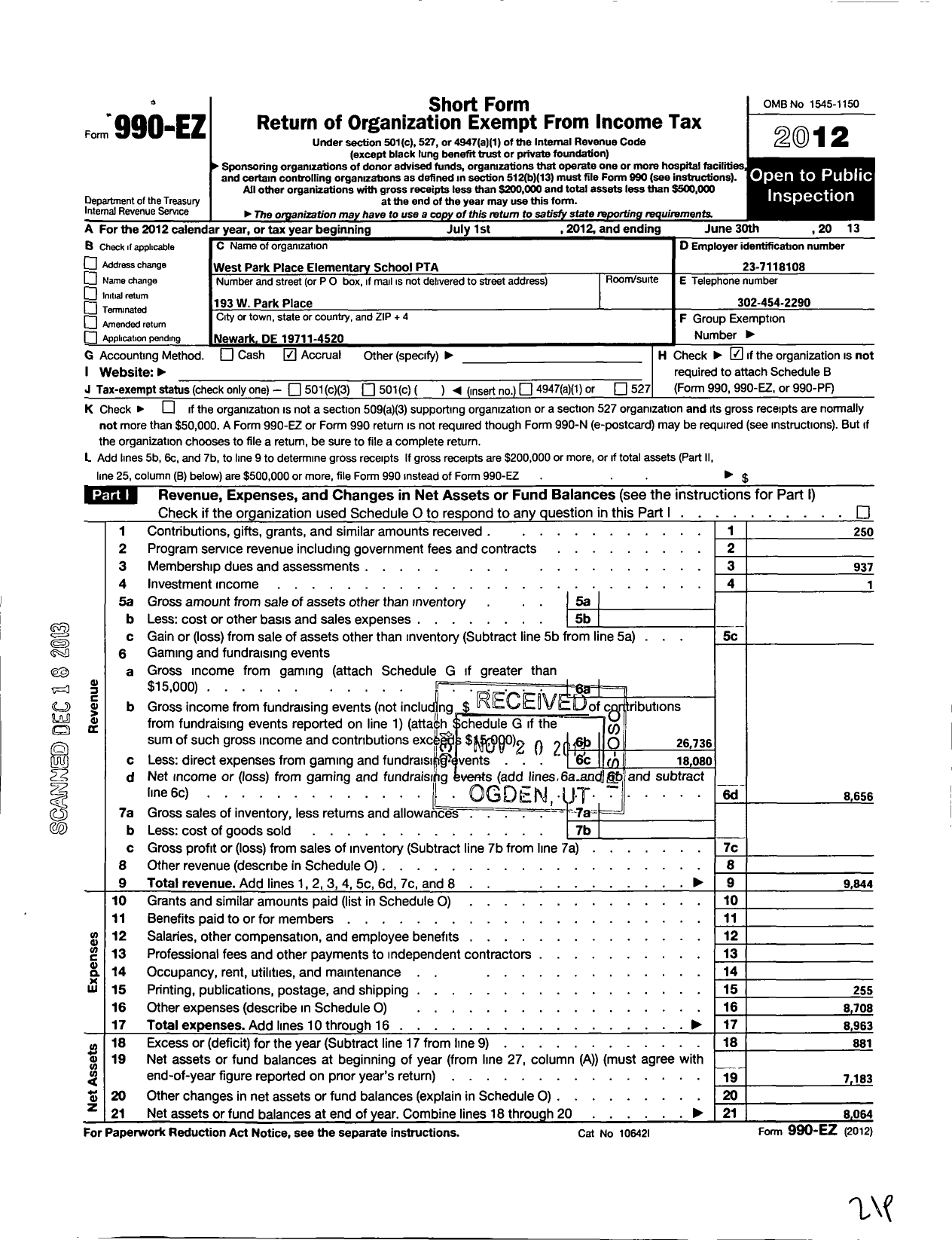 Image of first page of 2012 Form 990EO for PTA Delaware Congress / PTA West Park Place School