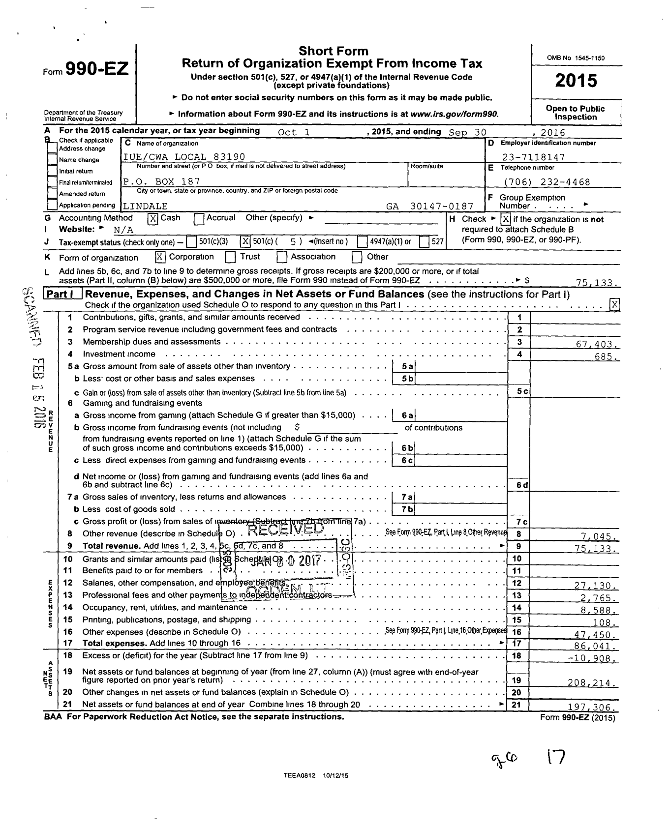 Image of first page of 2015 Form 990EO for Communications Workers of America - 83190 Local