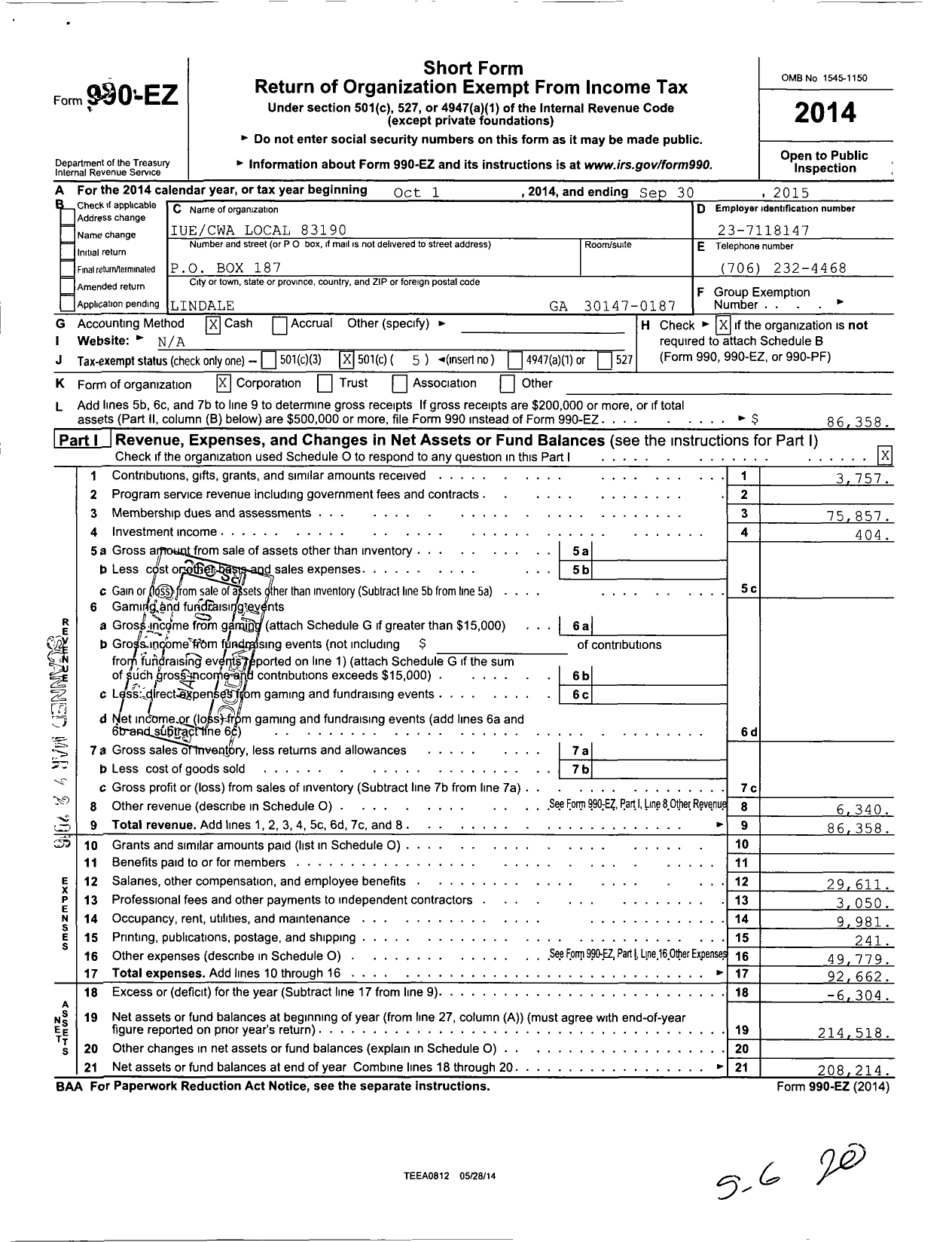 Image of first page of 2014 Form 990EO for Communications Workers of America - 83190 Local