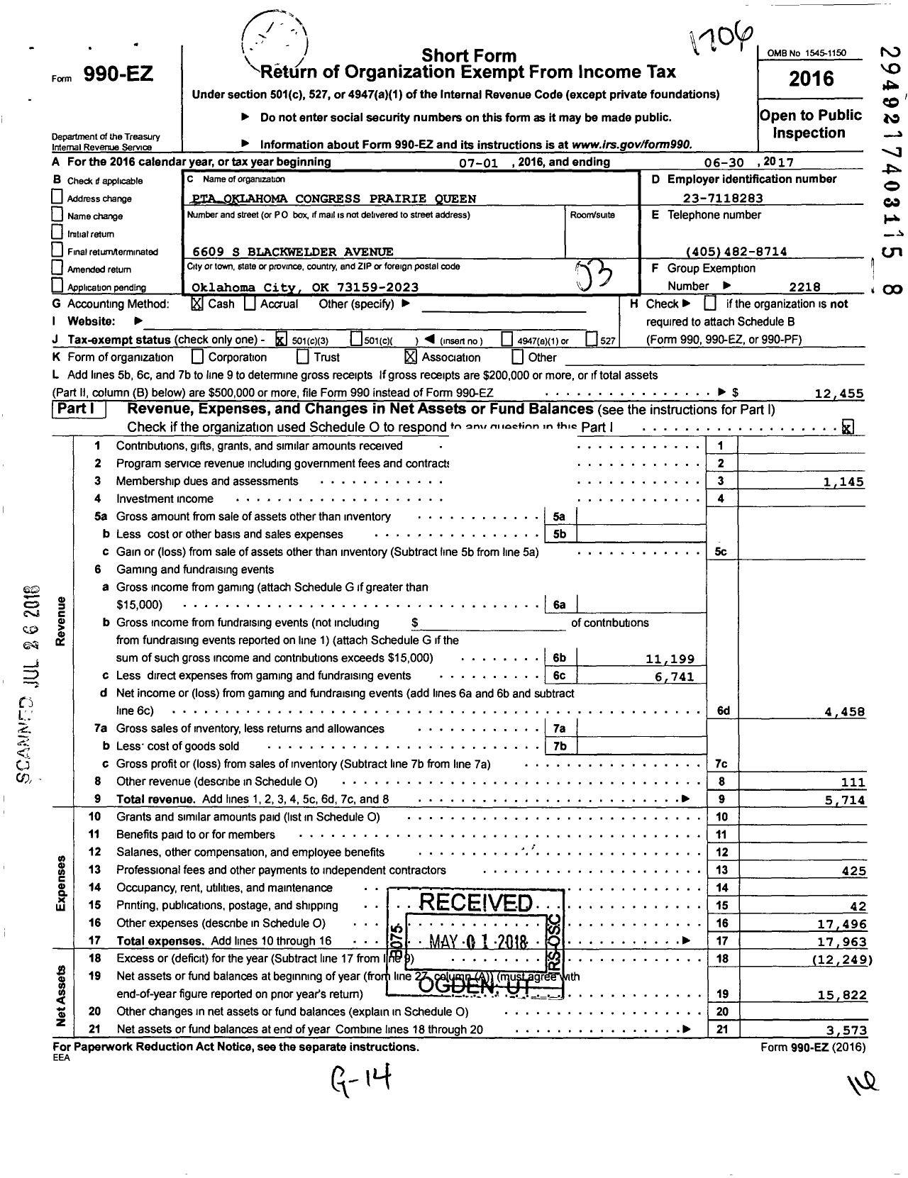 Image of first page of 2016 Form 990EZ for PTA Oklahoma Congress / Prairie Queen