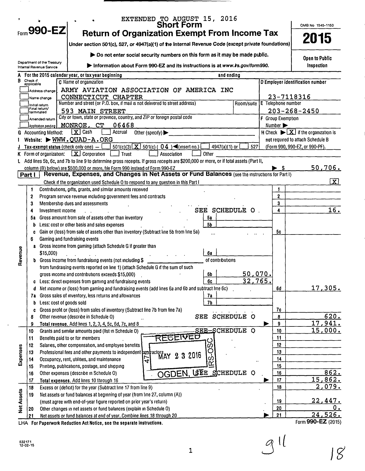 Image of first page of 2015 Form 990EO for Army Aviation Association of America Connecticut Chapter