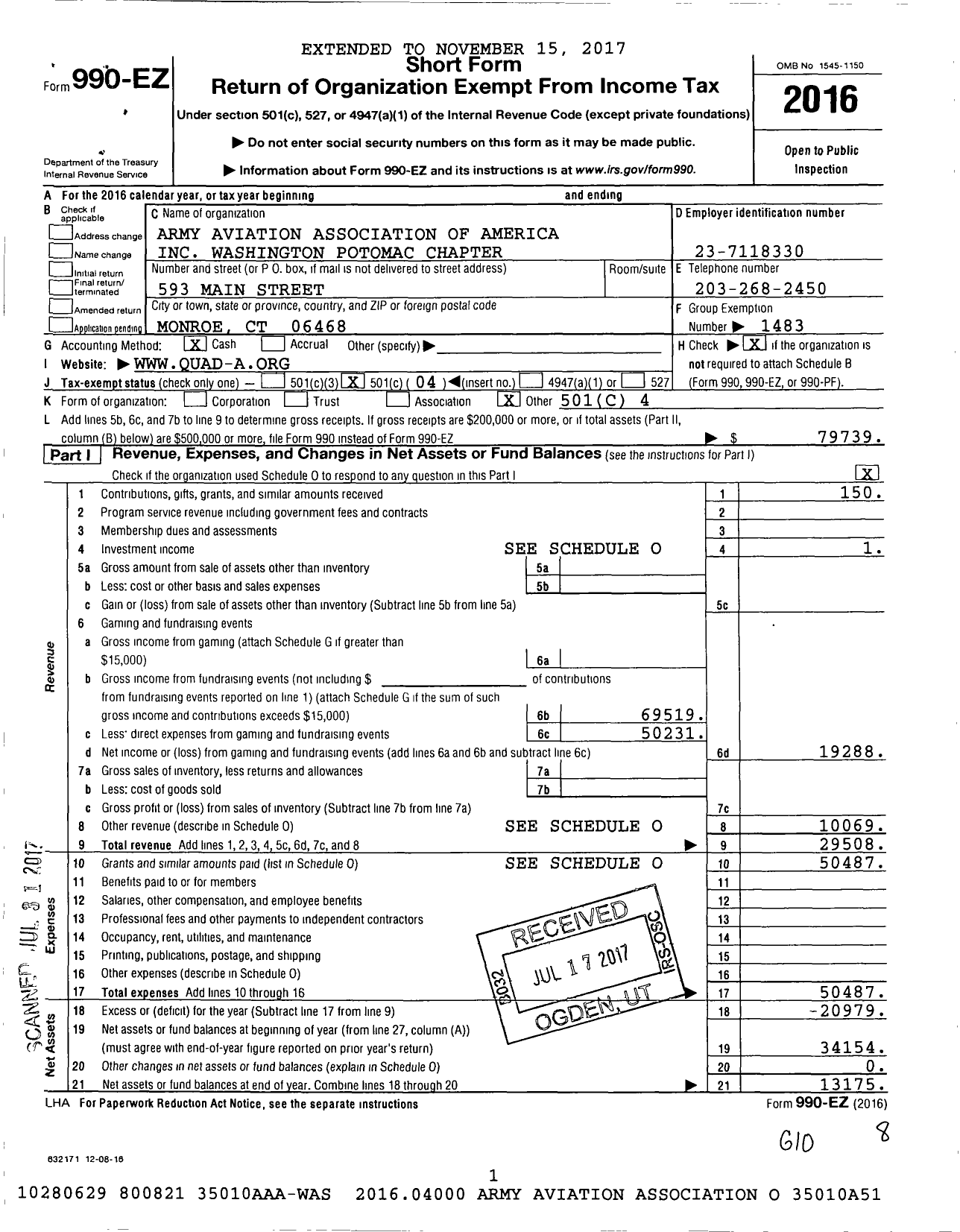 Image of first page of 2016 Form 990EO for Army Aviation Association of America Washington Potomac Chapter