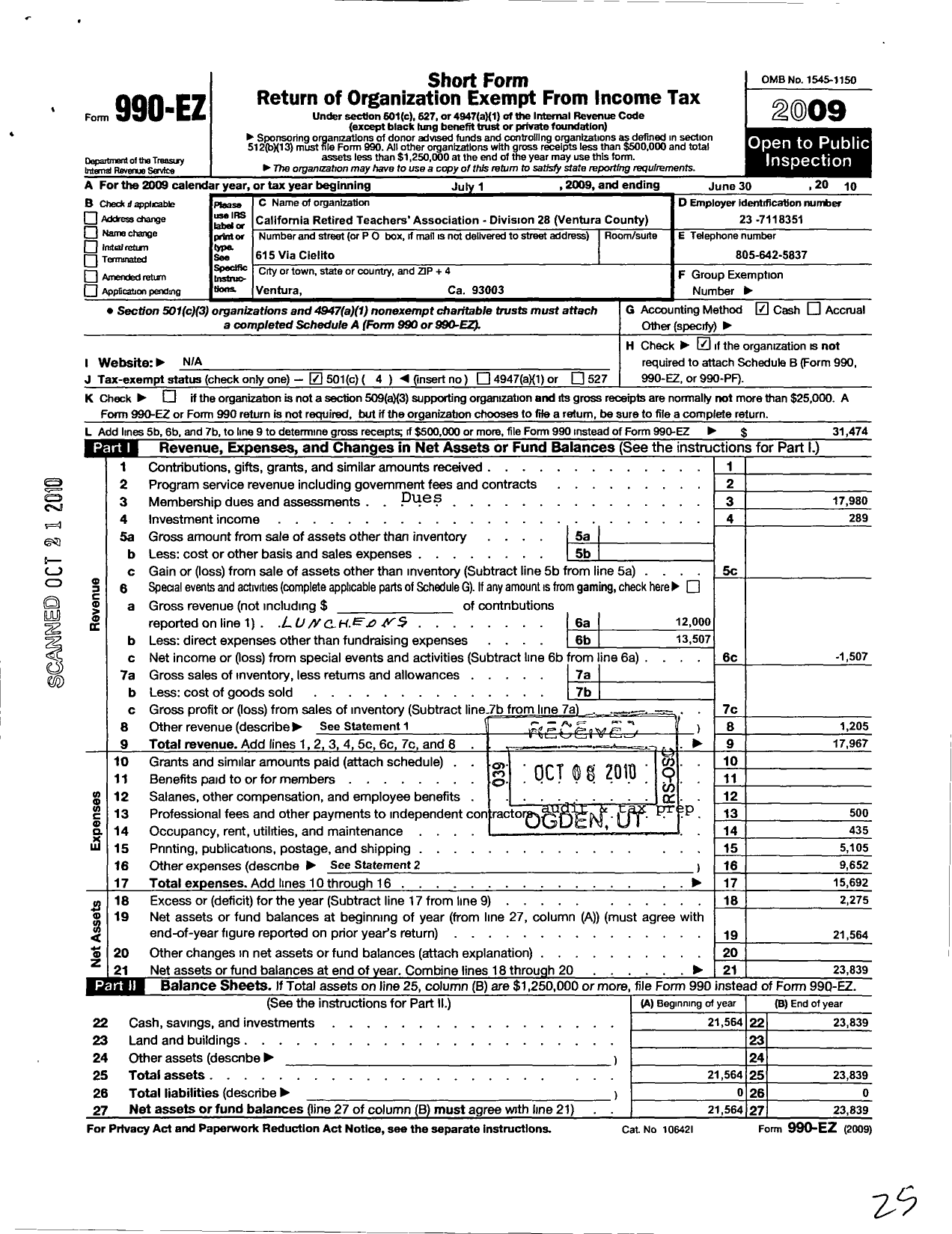 Image of first page of 2009 Form 990EO for California Retired Teachers Association / Vii-28 Ventura County