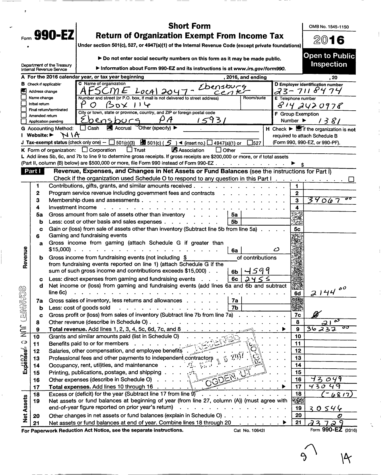 Image of first page of 2016 Form 990EO for American Federation of State County and Municipal Employees