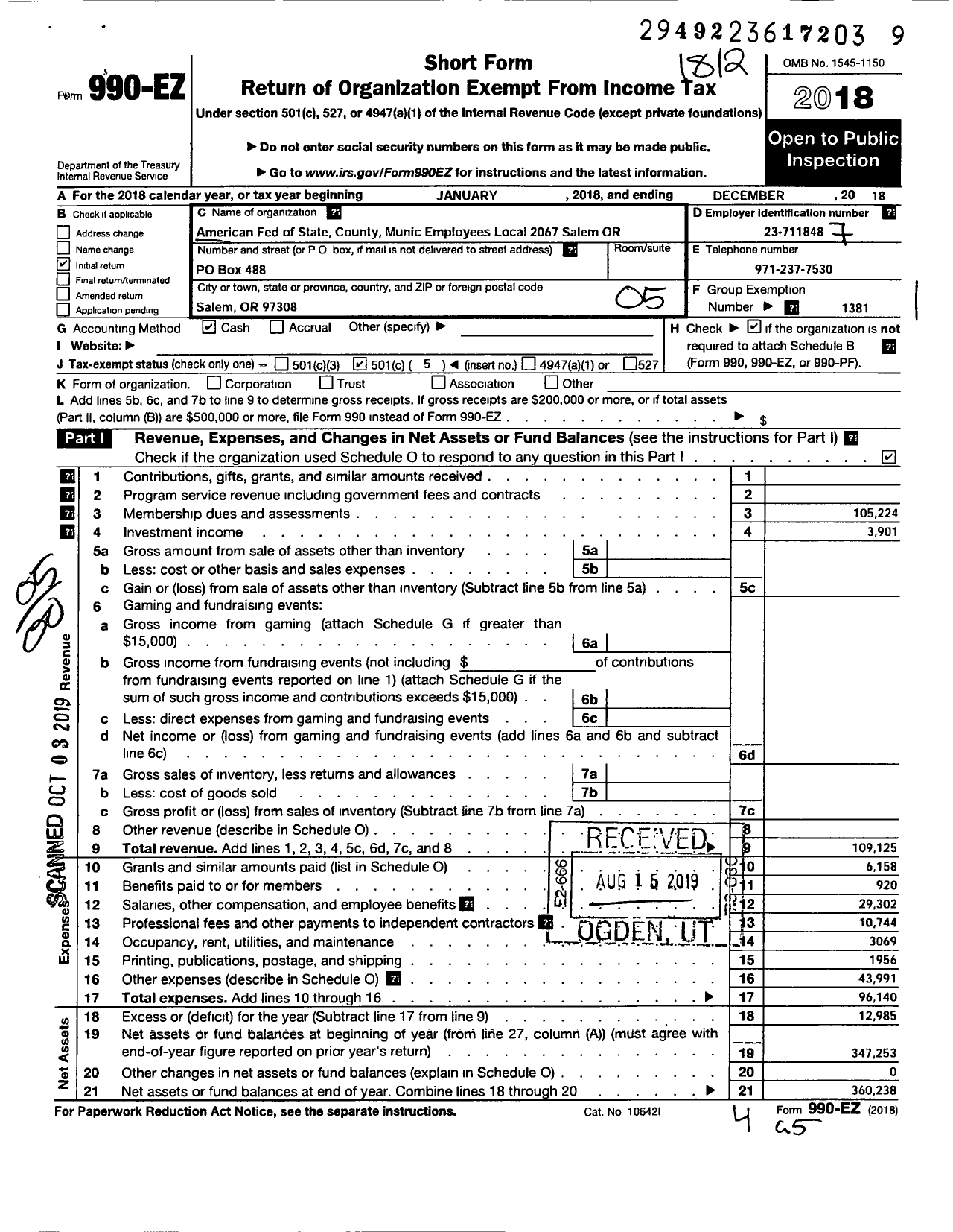 Image of first page of 2018 Form 990EO for American Federation of State County & Municipal Employees - L2067or Salem Ore Munic Empls