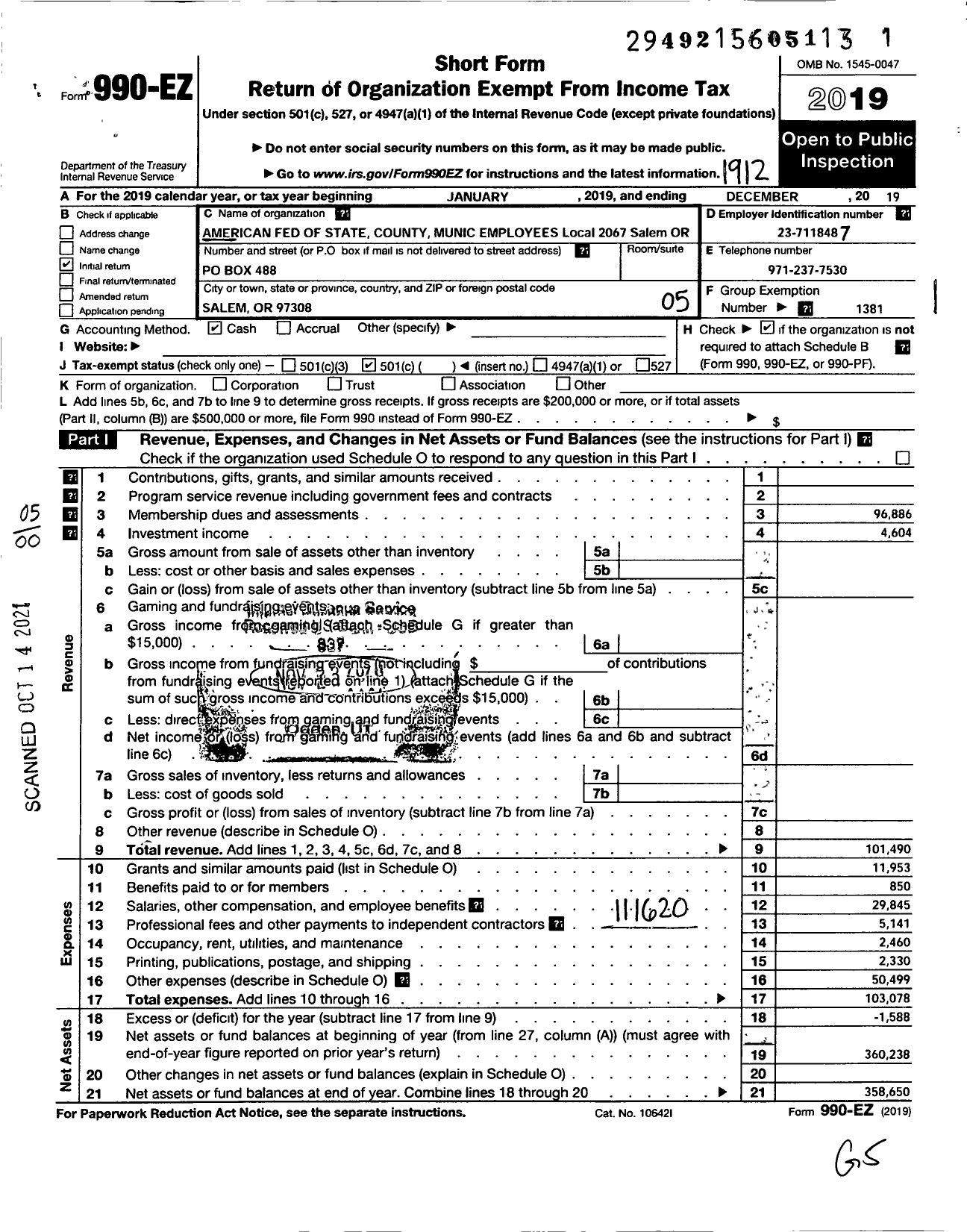 Image of first page of 2019 Form 990EO for American Federation of State County & Municipal Employees - L2067or Salem Ore Munic Empls