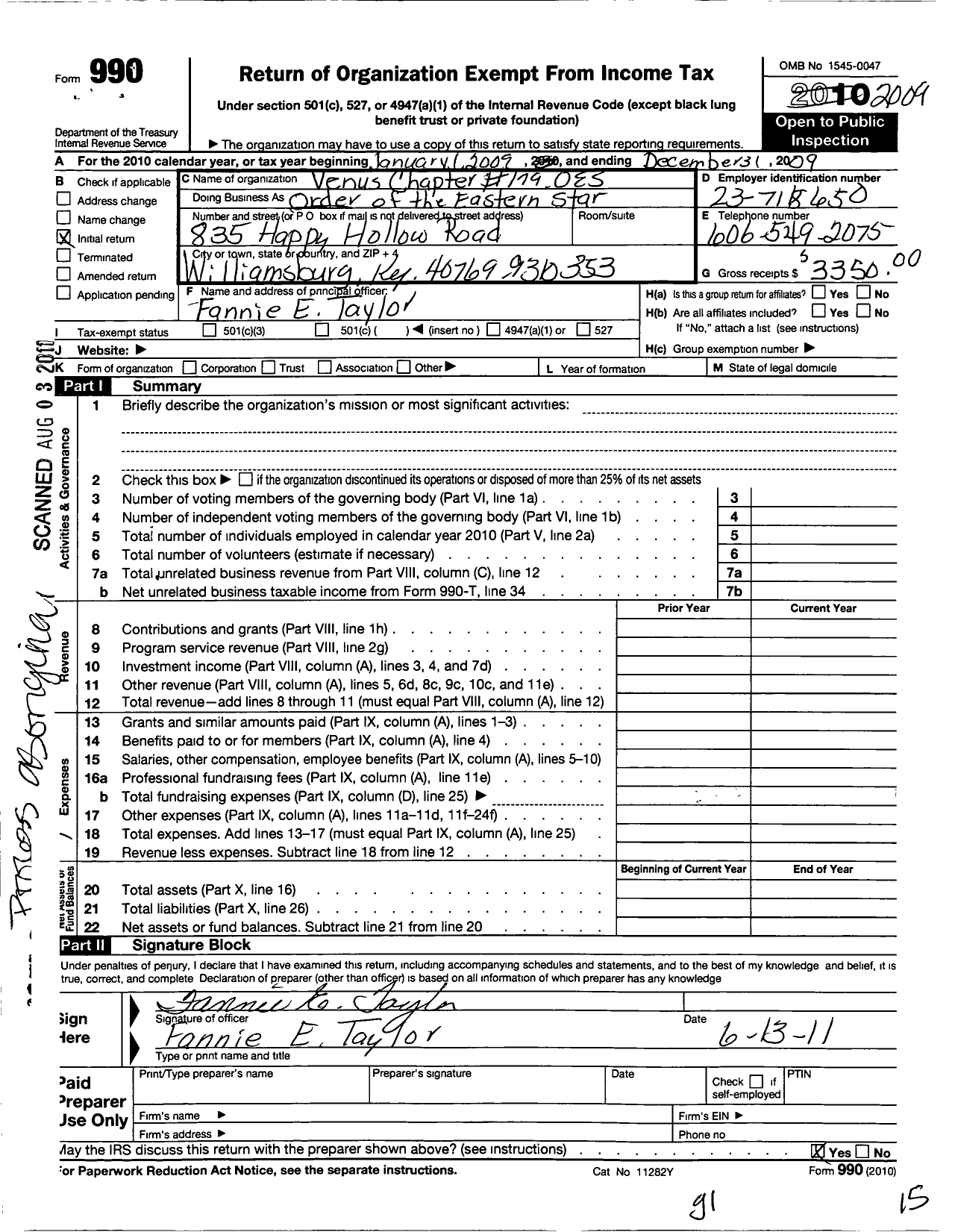 Image of first page of 2009 Form 990O for Order of the Eastern Star of Kentucky - 179 Venus Chapter No