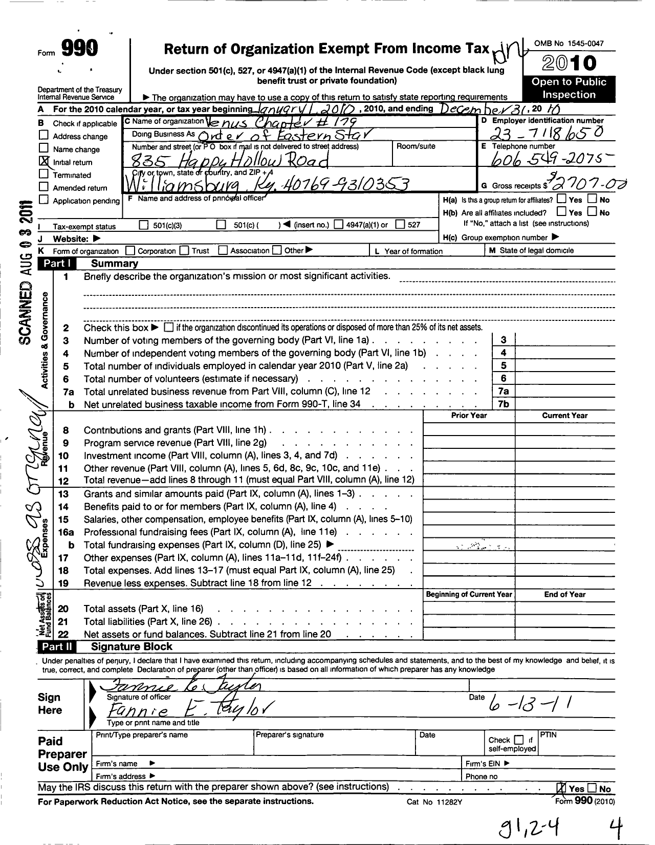 Image of first page of 2010 Form 990O for Order of the Eastern Star of Kentucky - 179 Venus Chapter No