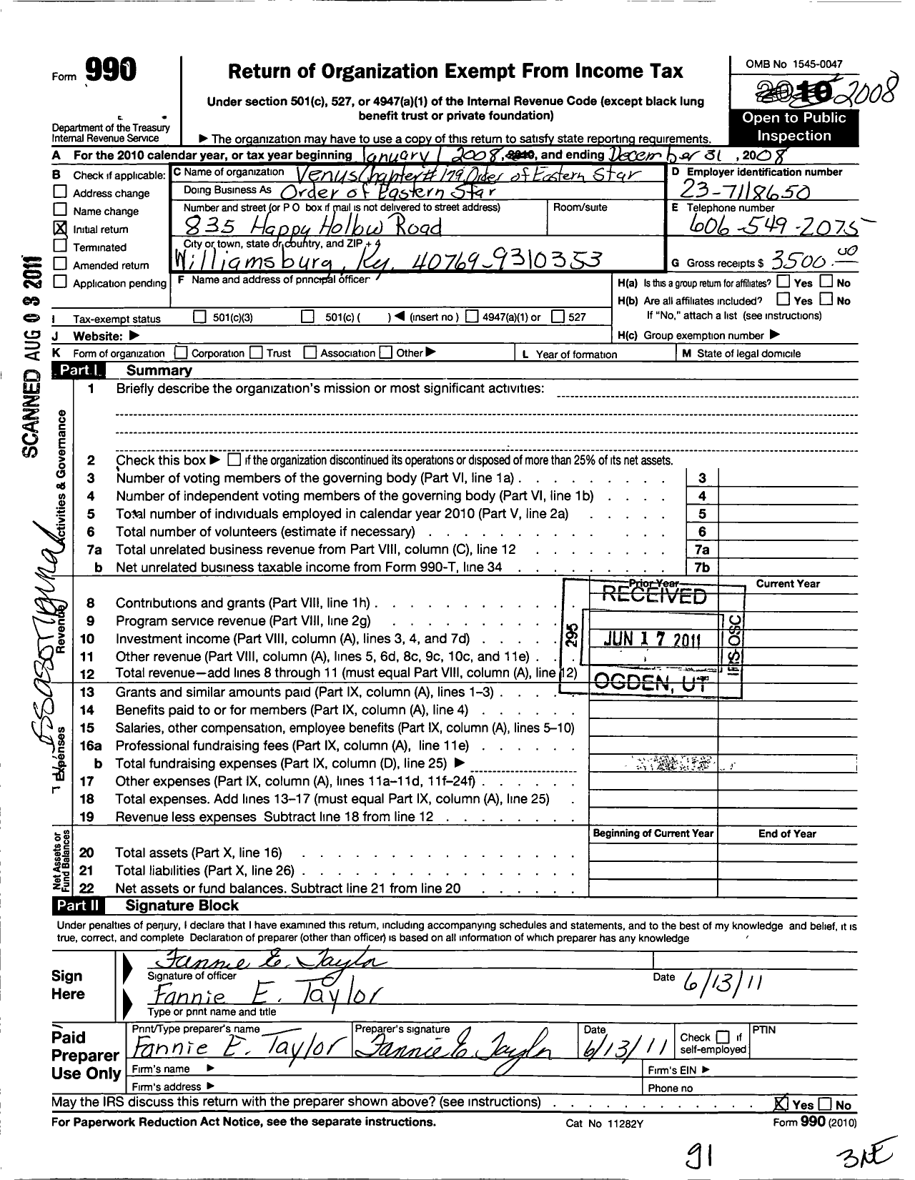 Image of first page of 2008 Form 990O for Order of the Eastern Star of Kentucky - 179 Venus Chapter No