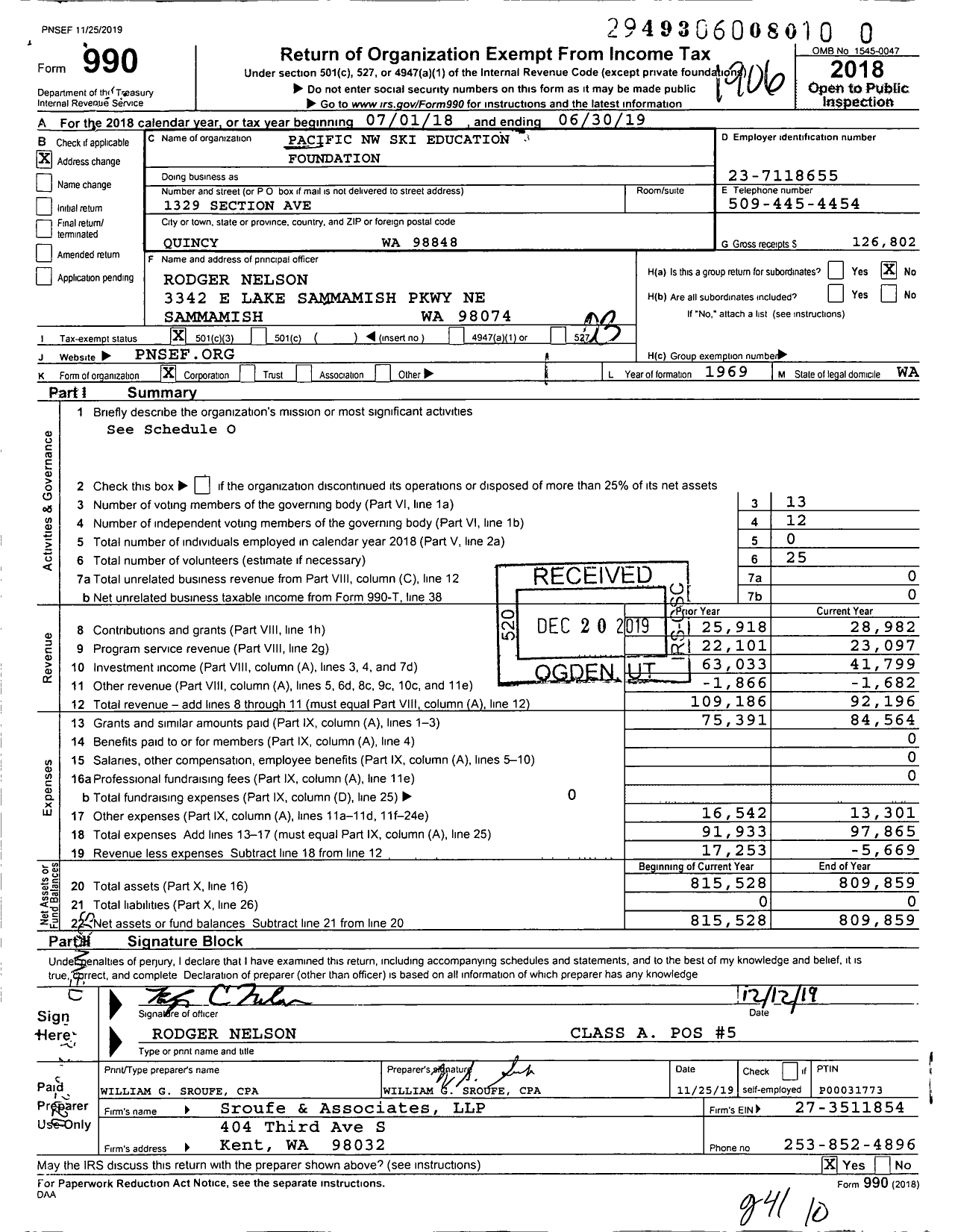 Image of first page of 2018 Form 990 for Pacific NW Ski Education Foundation (PNWSEF)