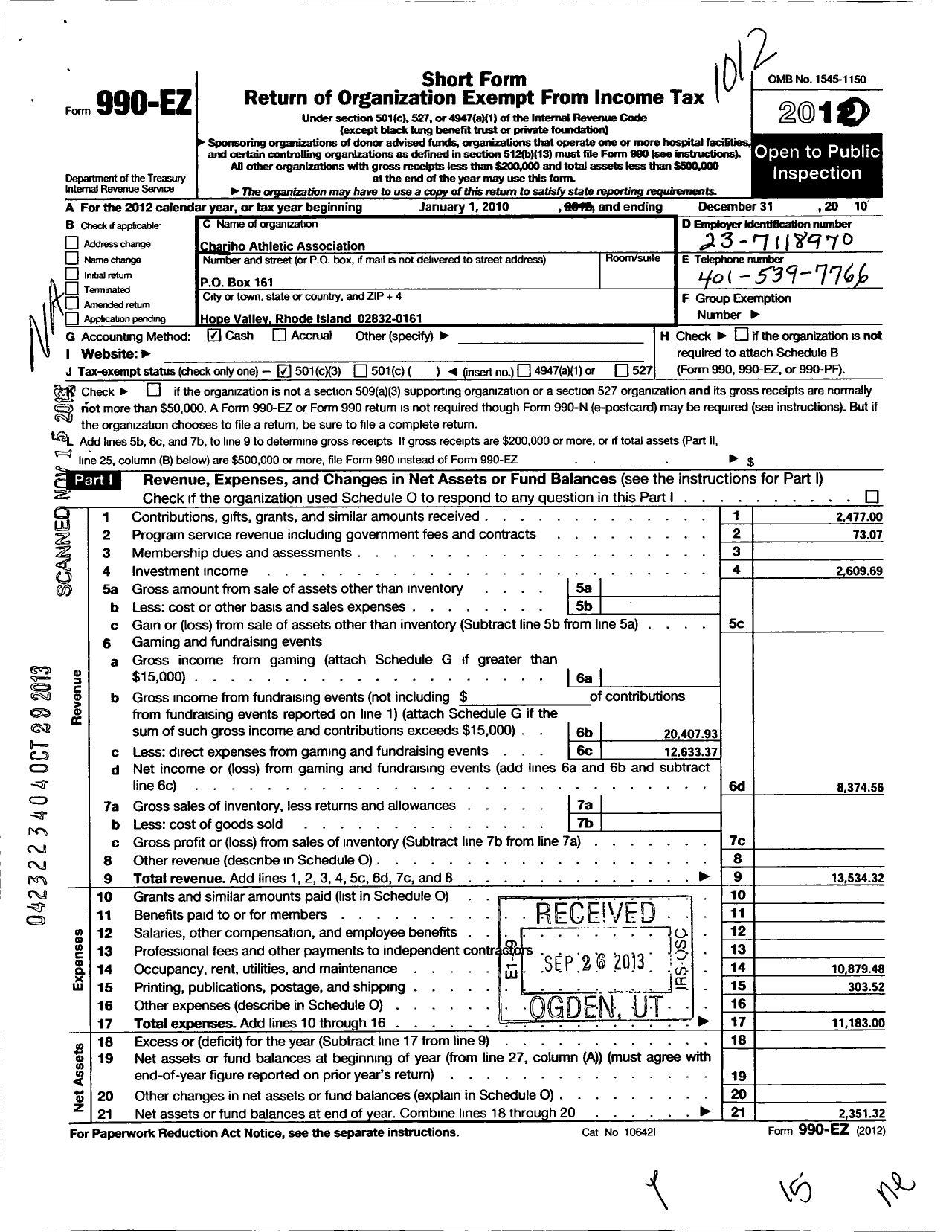 Image of first page of 2010 Form 990EZ for Chariho Athletic Association