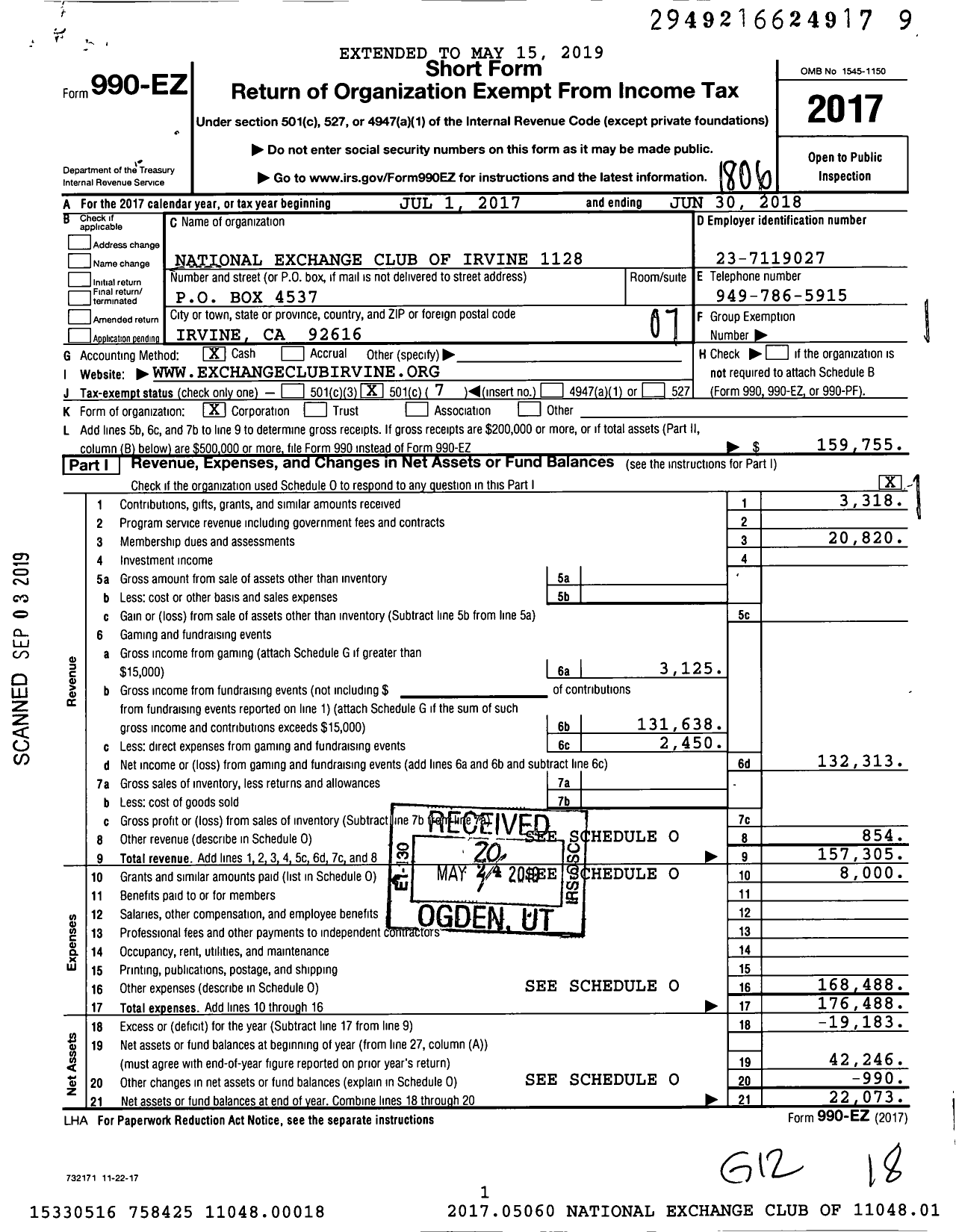 Image of first page of 2017 Form 990EO for National Exchange Club - 1128 Irvine Ca