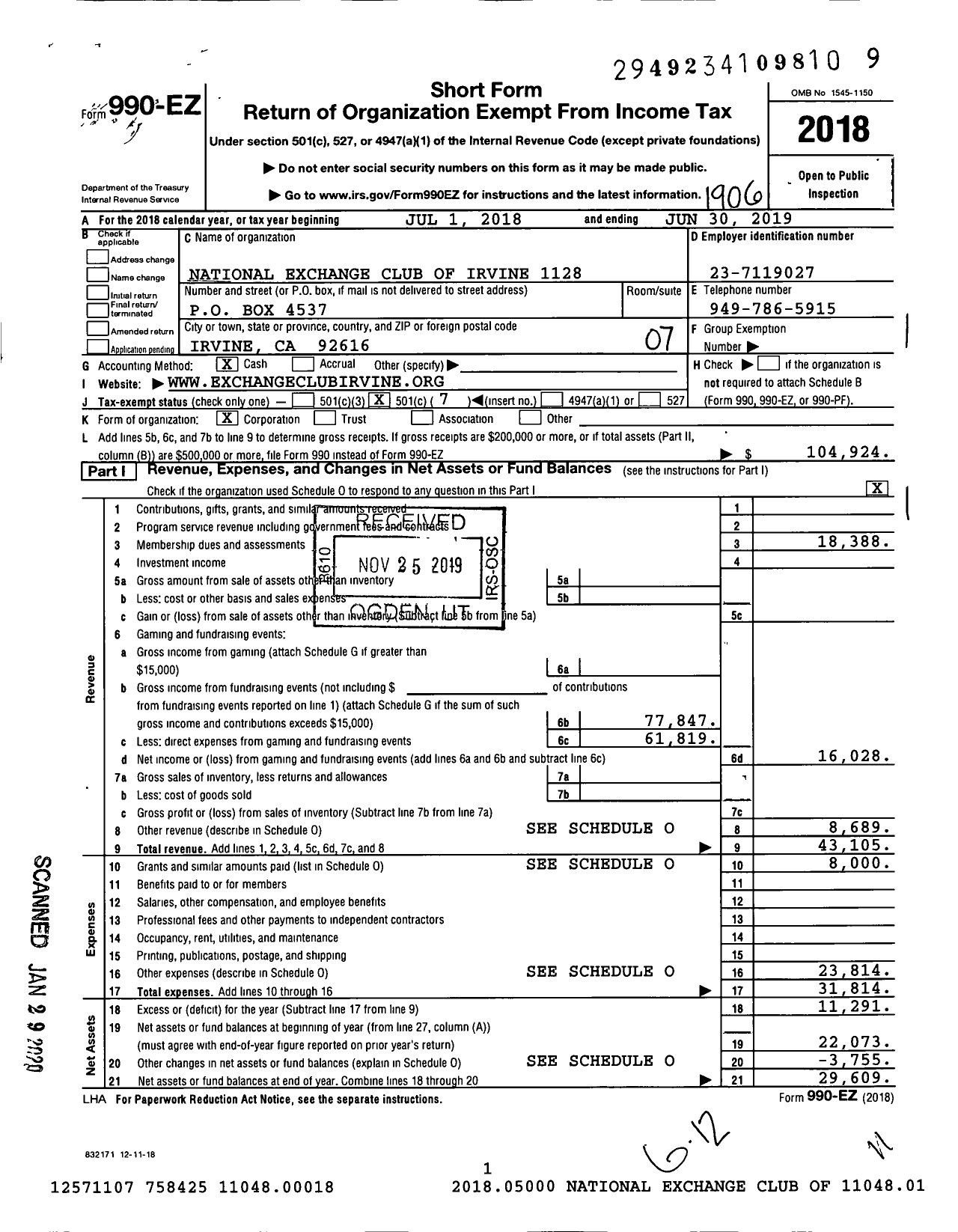 Image of first page of 2018 Form 990EO for National Exchange Club - 1128 Irvine Ca