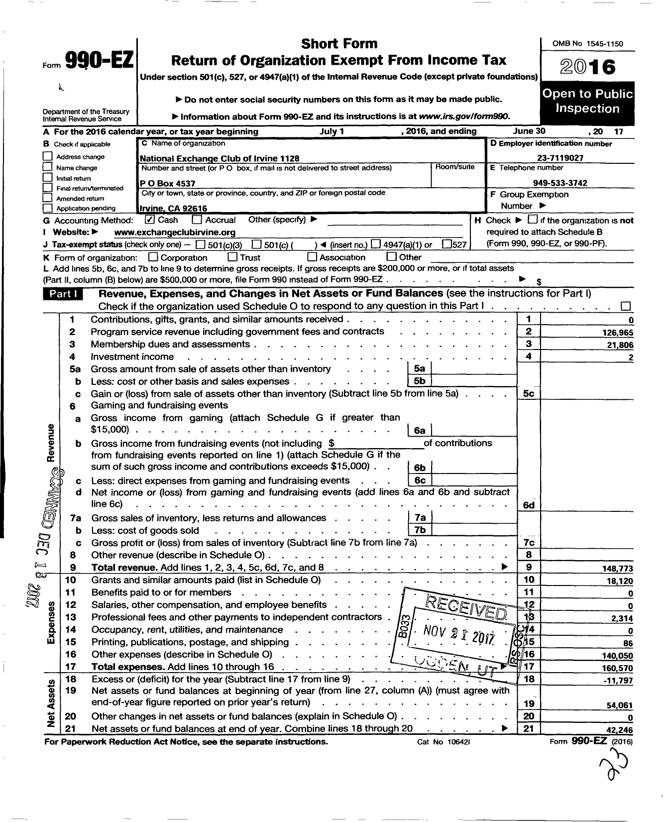 Image of first page of 2016 Form 990EO for National Exchange Club - 1128 Irvine Ca