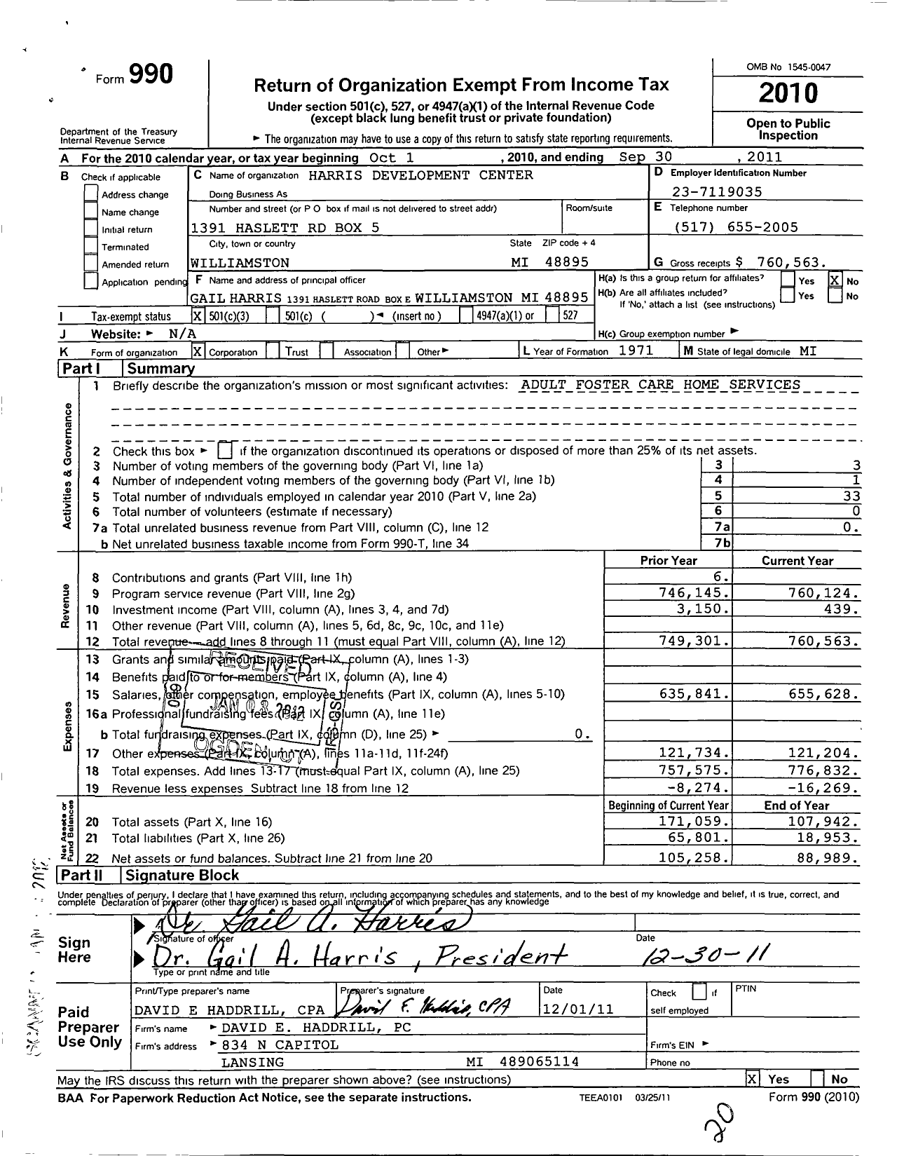 Image of first page of 2010 Form 990 for Harris Development Center