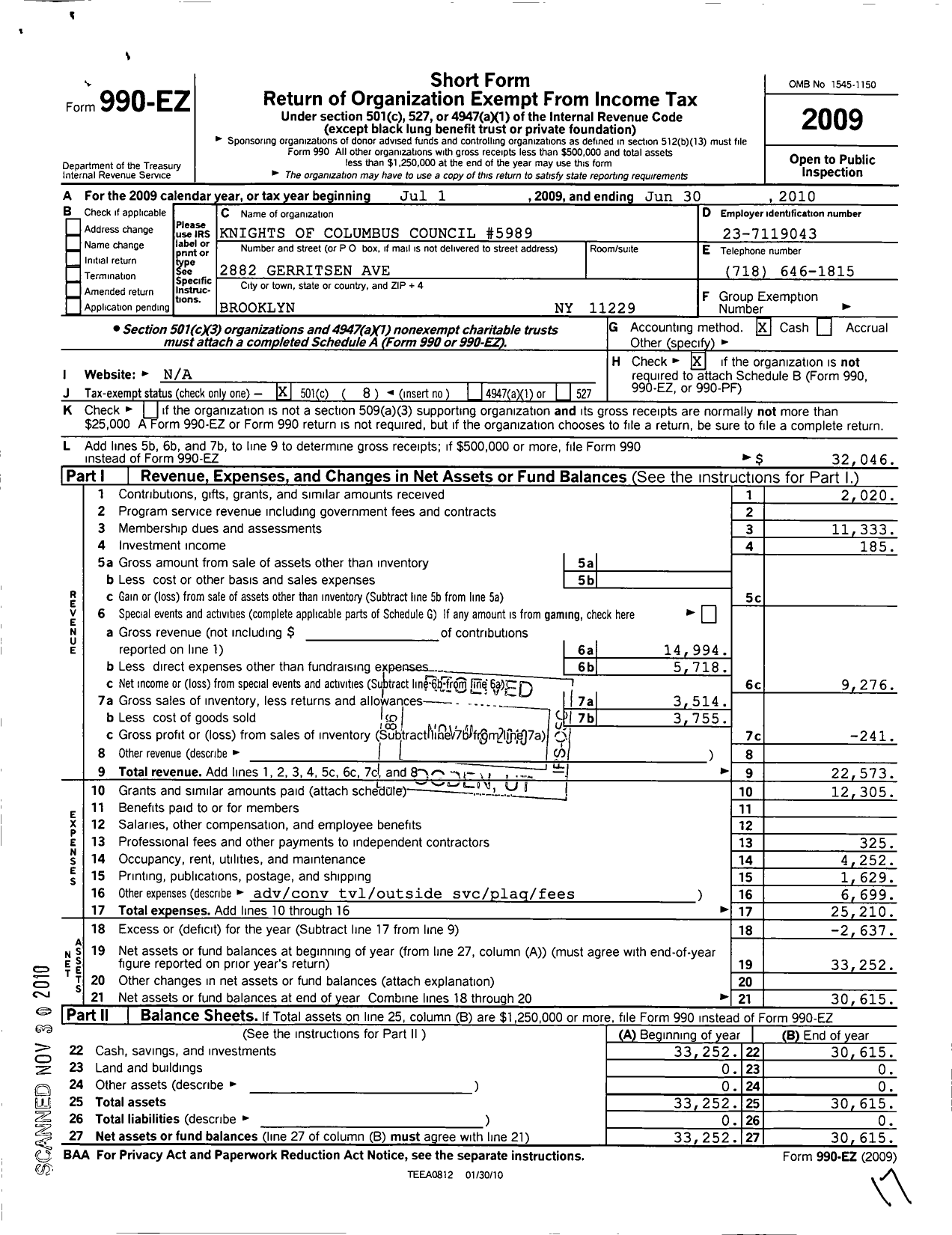 Image of first page of 2009 Form 990EO for Knights of Columbus - 5989 Rev Edward J Mattherw Council