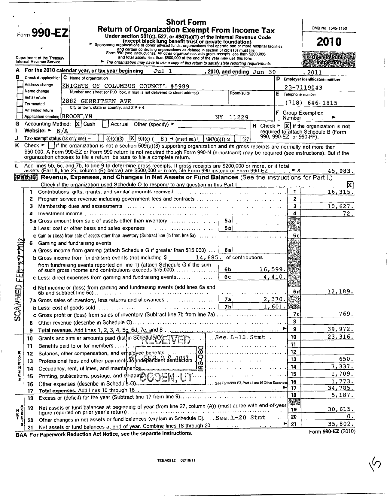 Image of first page of 2010 Form 990EO for Knights of Columbus - 5989 Rev Edward J Mattherw Council