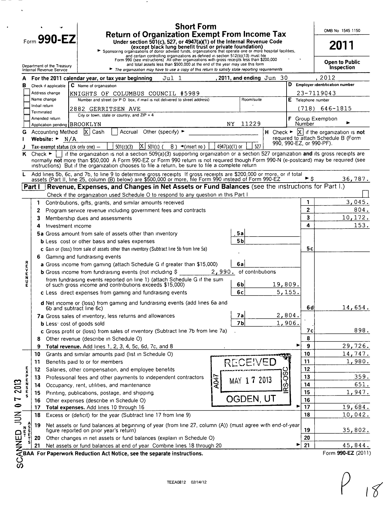 Image of first page of 2011 Form 990EO for Knights of Columbus - 5989 Rev Edward J Mattherw Council