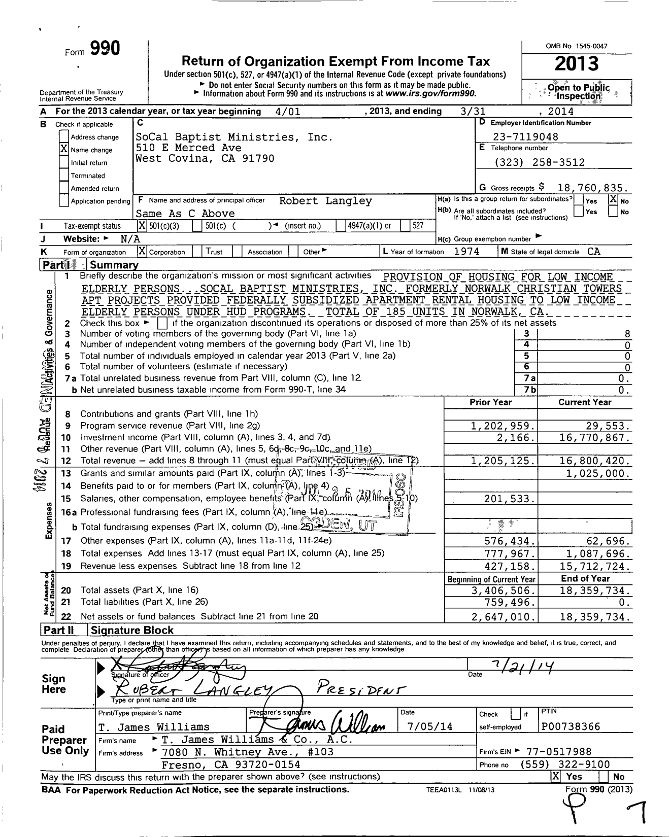 Image of first page of 2013 Form 990 for SoCal Baptist Ministries