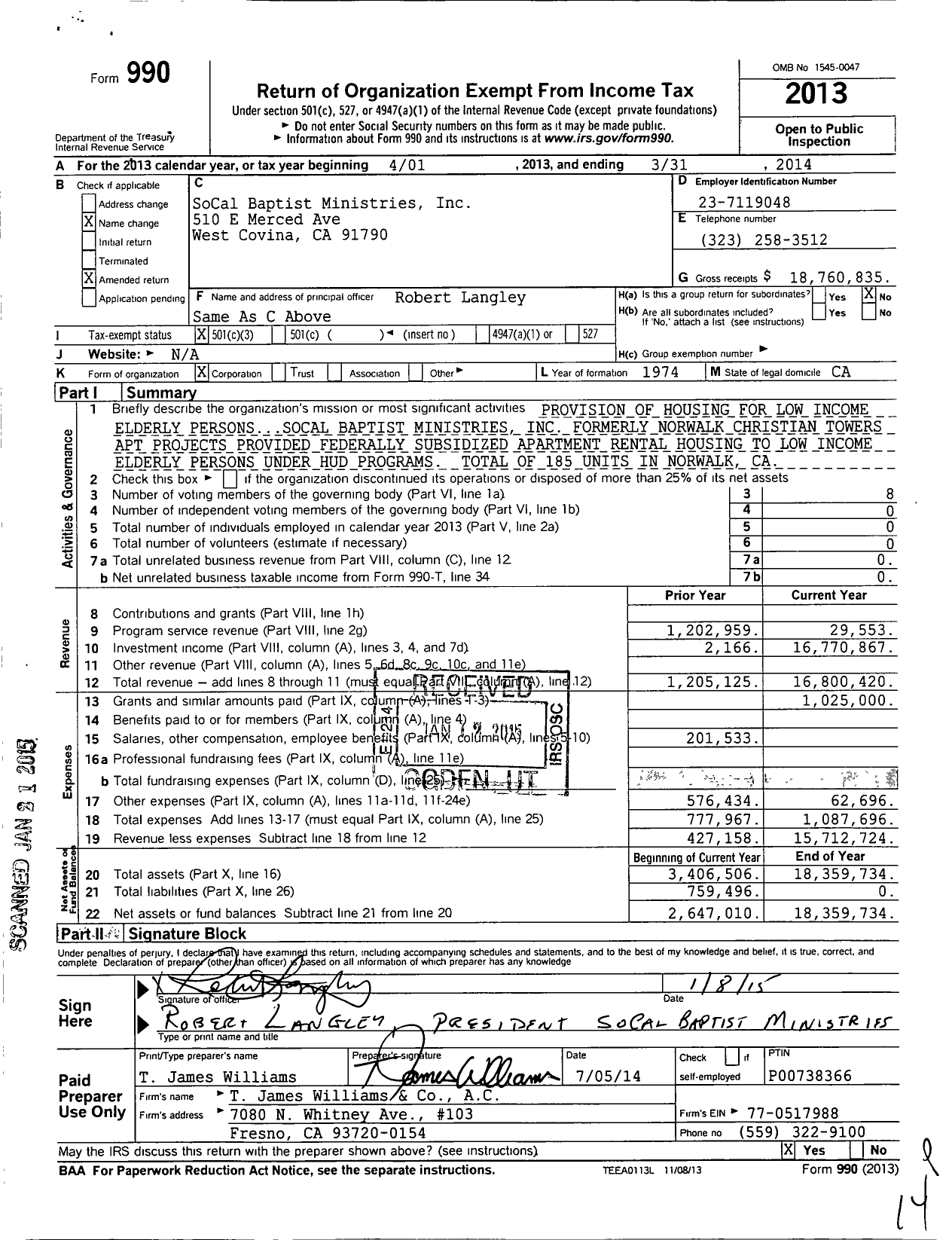 Image of first page of 2013 Form 990 for SoCal Baptist Ministries