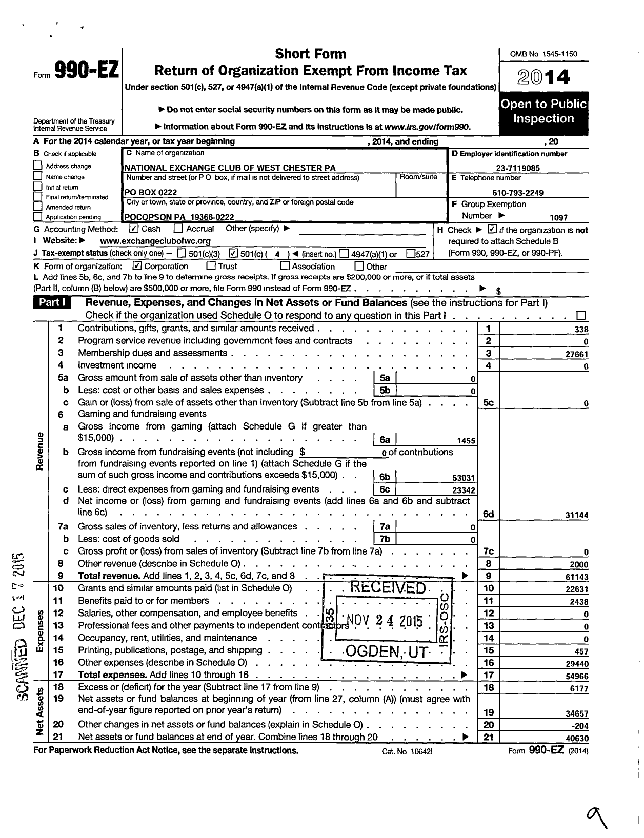 Image of first page of 2014 Form 990EO for National Exchange Club - 2024 West Chester Pa