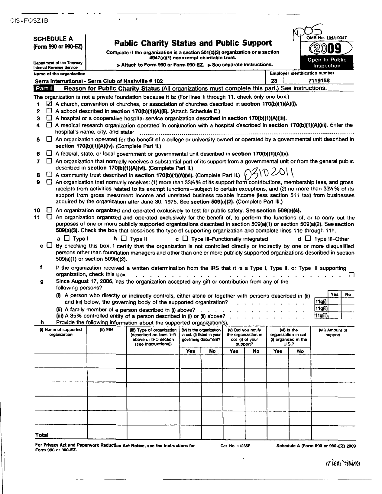 Image of first page of 2009 Form 990ER for Serra International / 102 Serra Club of Nashville