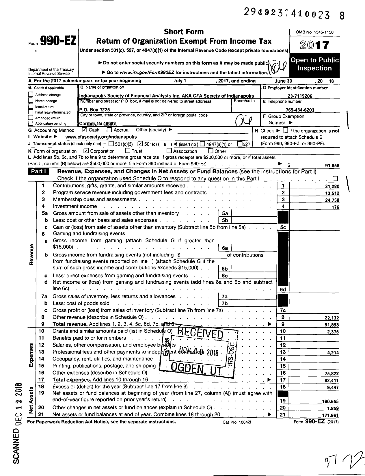 Image of first page of 2017 Form 990EO for CFA Society of Indianapolis