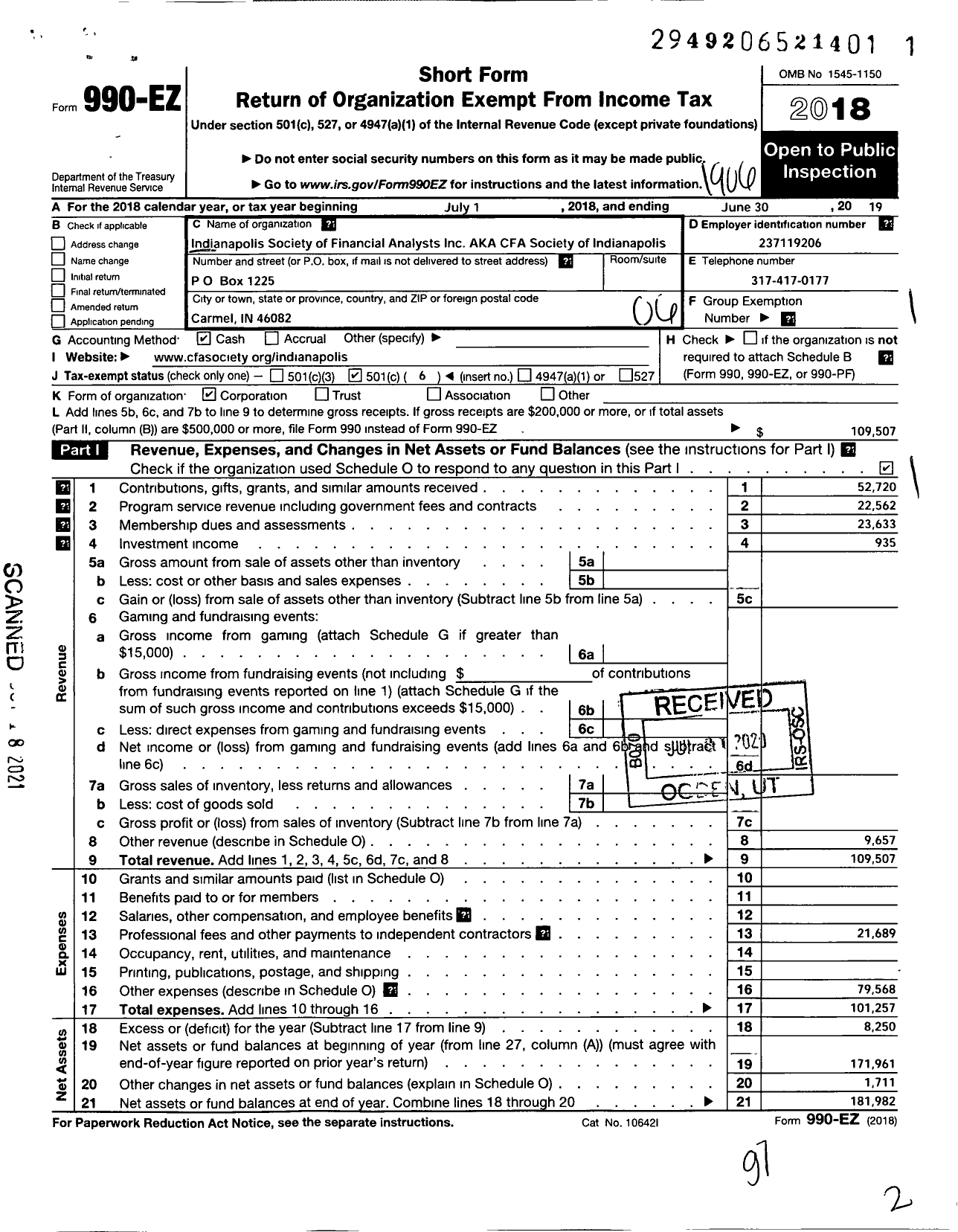 Image of first page of 2018 Form 990EO for CFA Society of Indianapolis